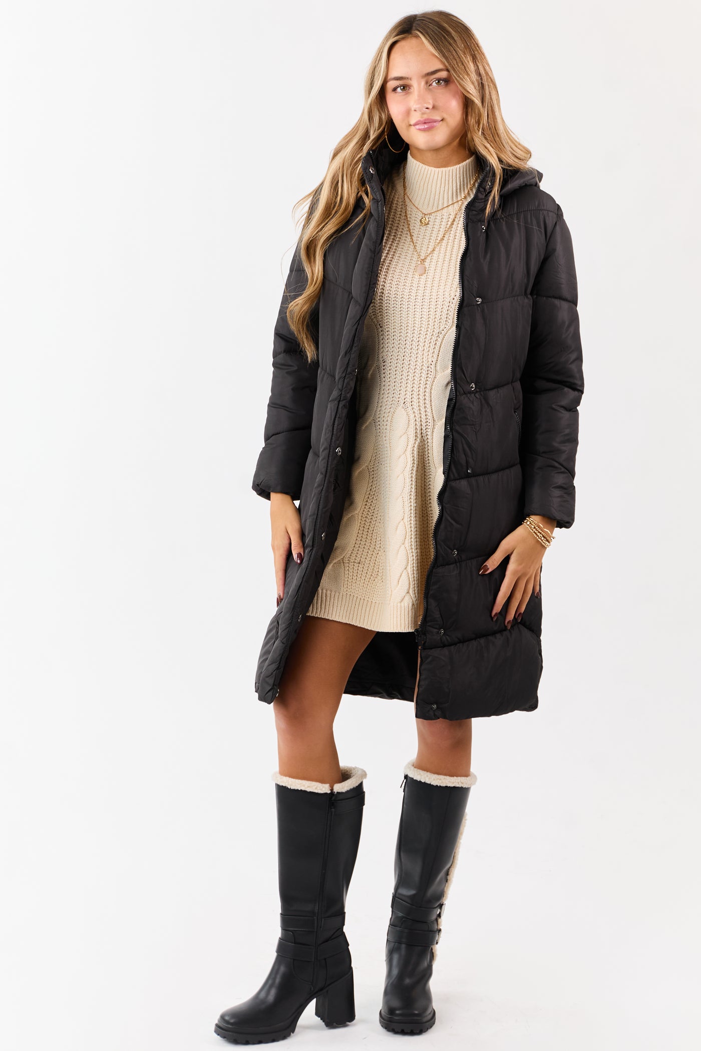 Black Hooded Puffer Duster Coat with Belt