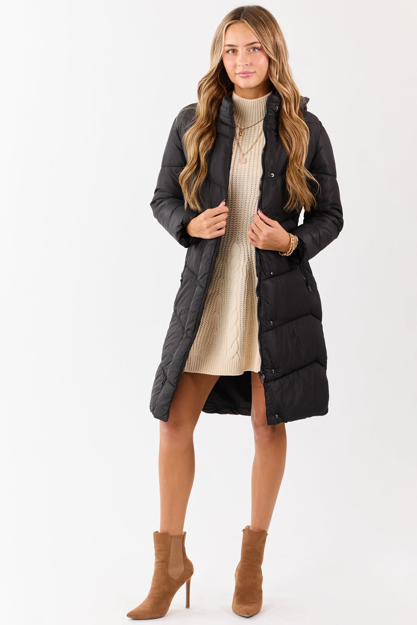 Black Hooded Puffer Duster Coat with Belt