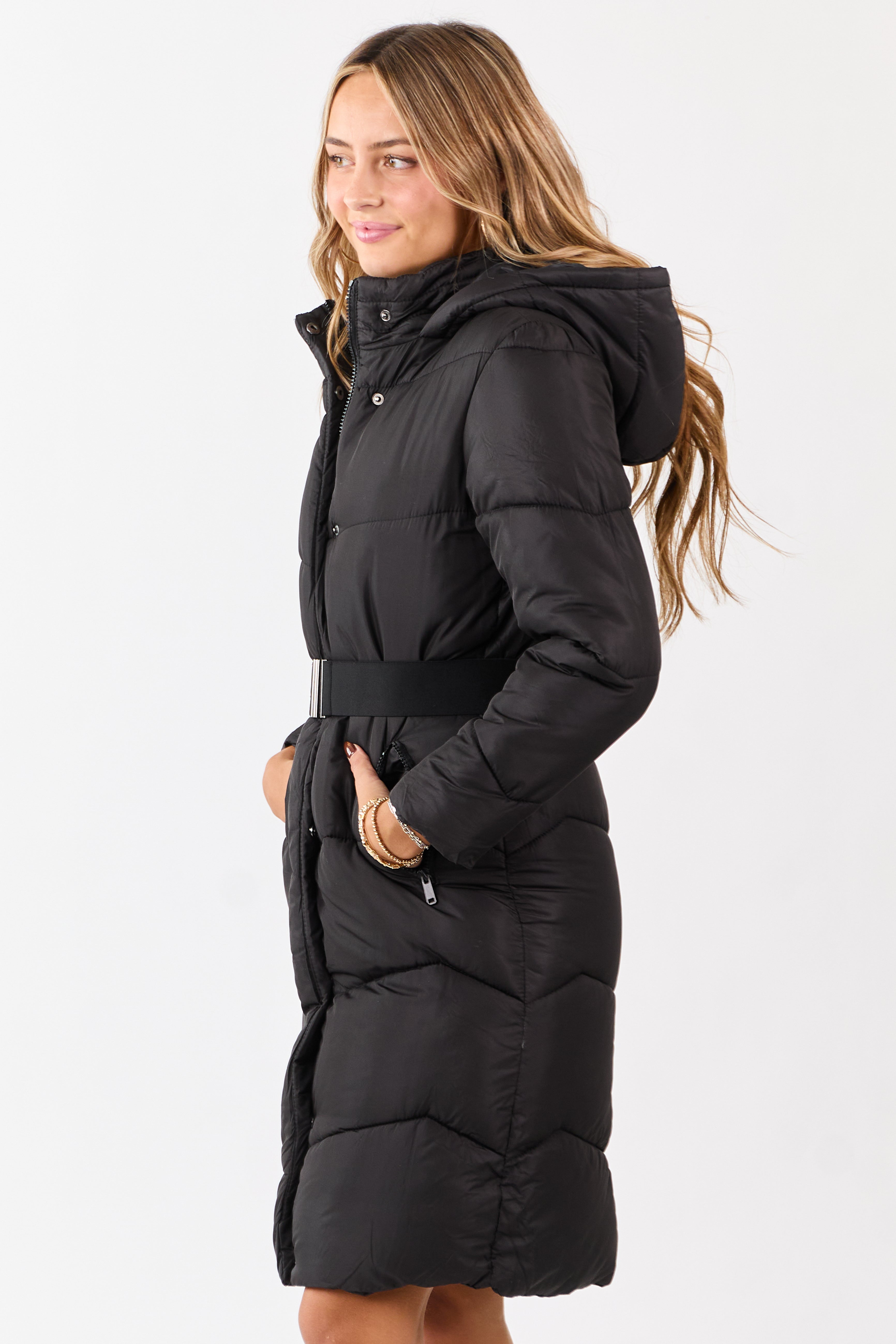 Black Hooded Puffer Duster Coat with Belt