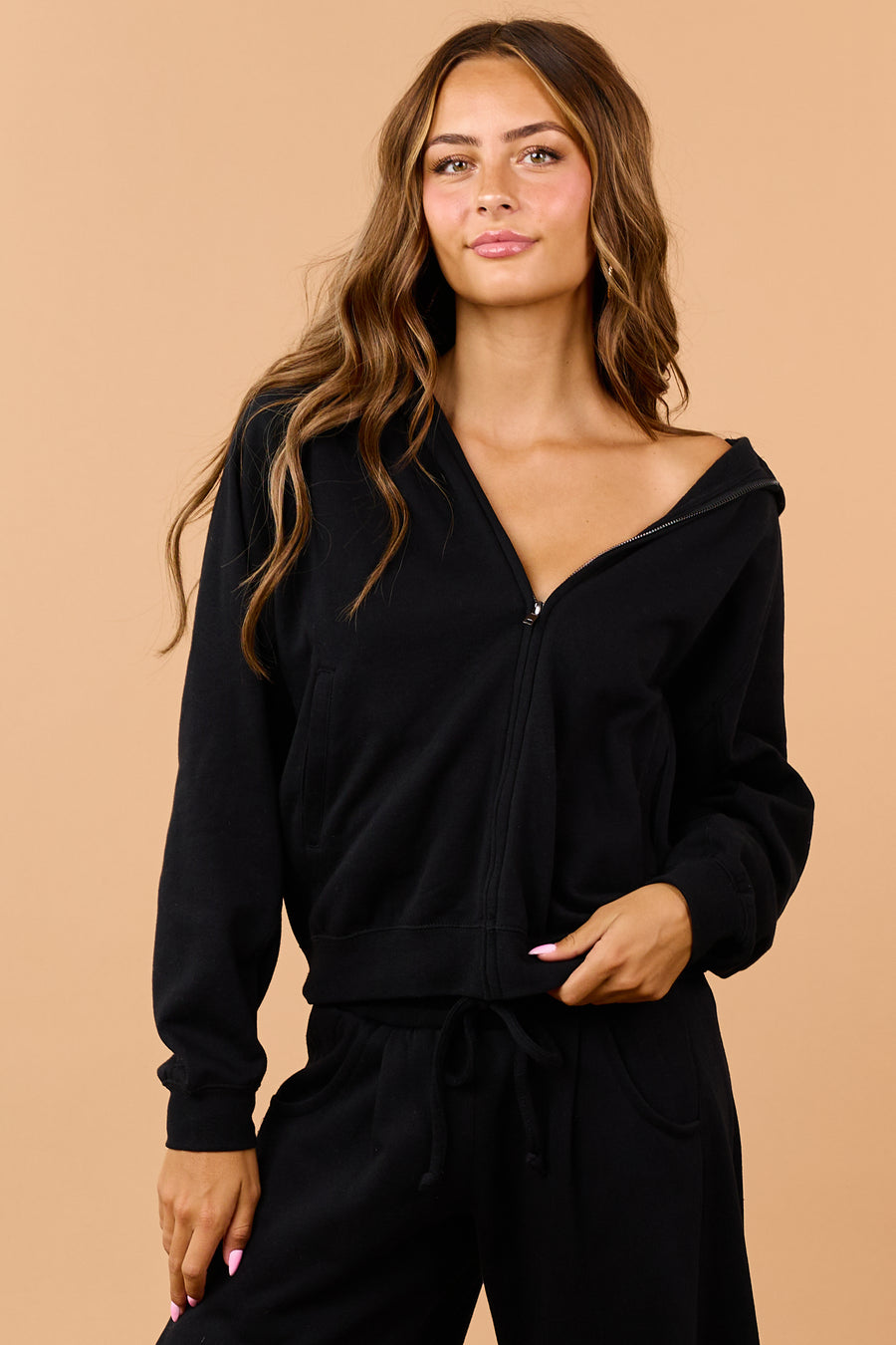 Black Hooded Zip Up Fleece Jacket