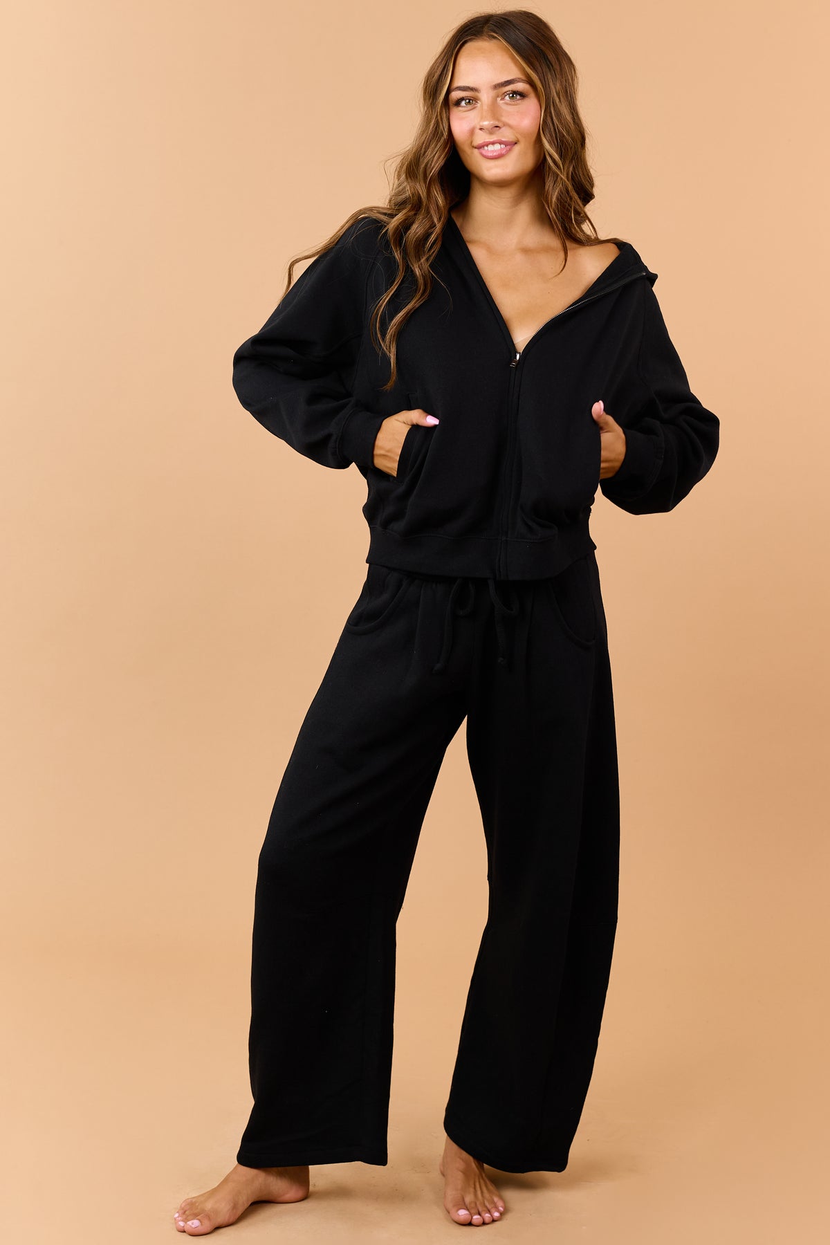 Black Hooded Zip Up Fleece Jacket