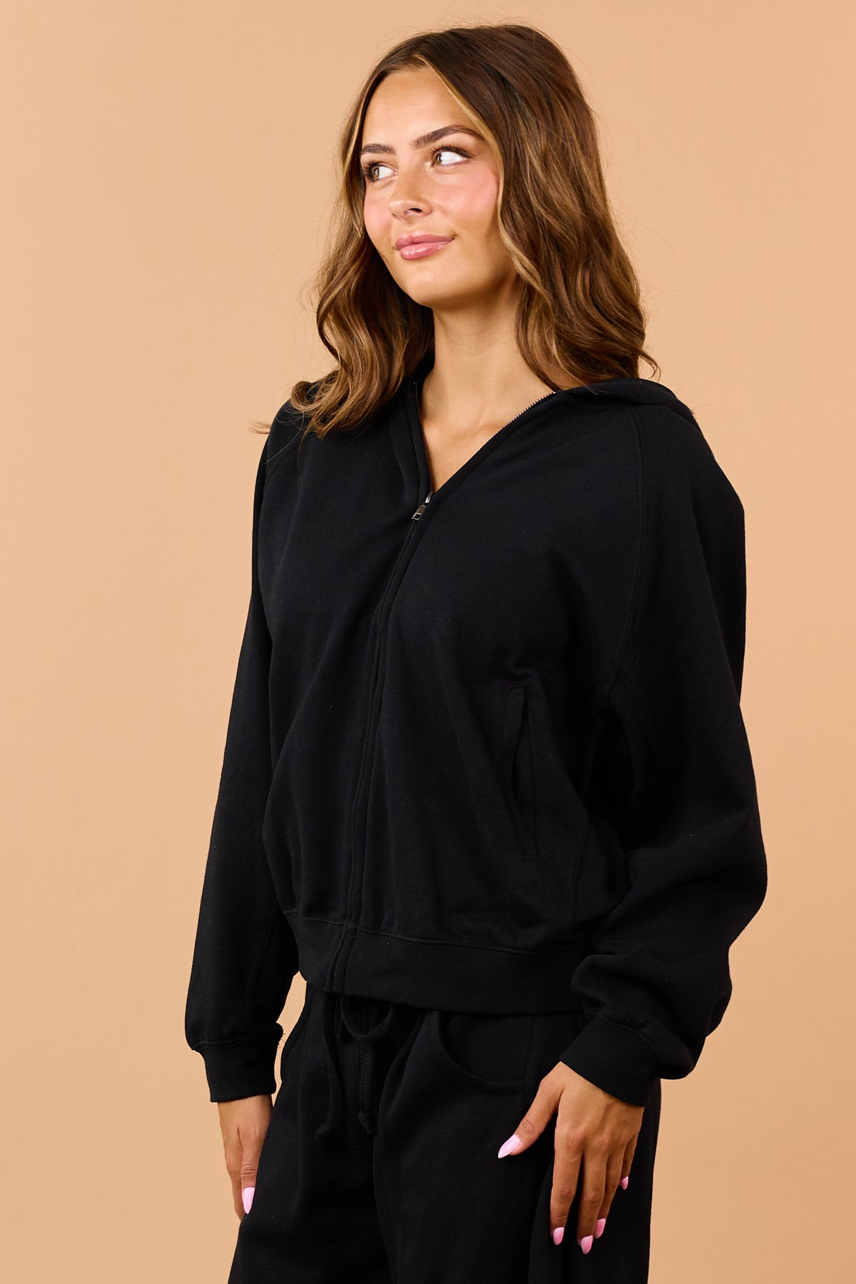 Black Hooded Zip Up Fleece Jacket
