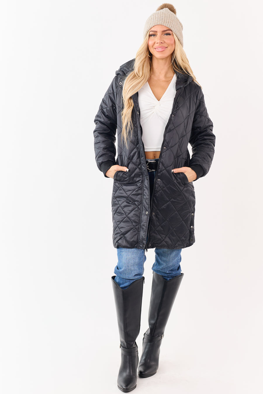 Black Hooded Zip Up Quilted Puffer Long Coat