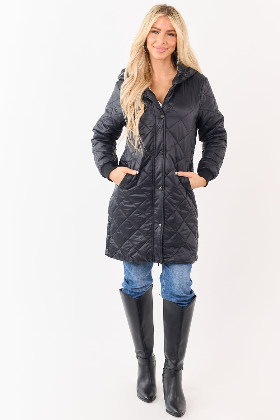 Black Hooded Zip Up Quilted Puffer Long Coat