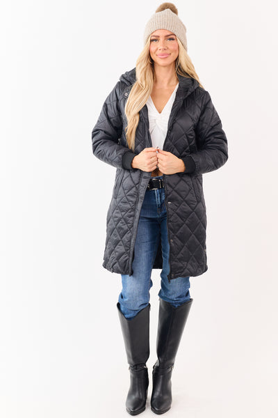 Black Hooded Zip Up Quilted Puffer Long Coat