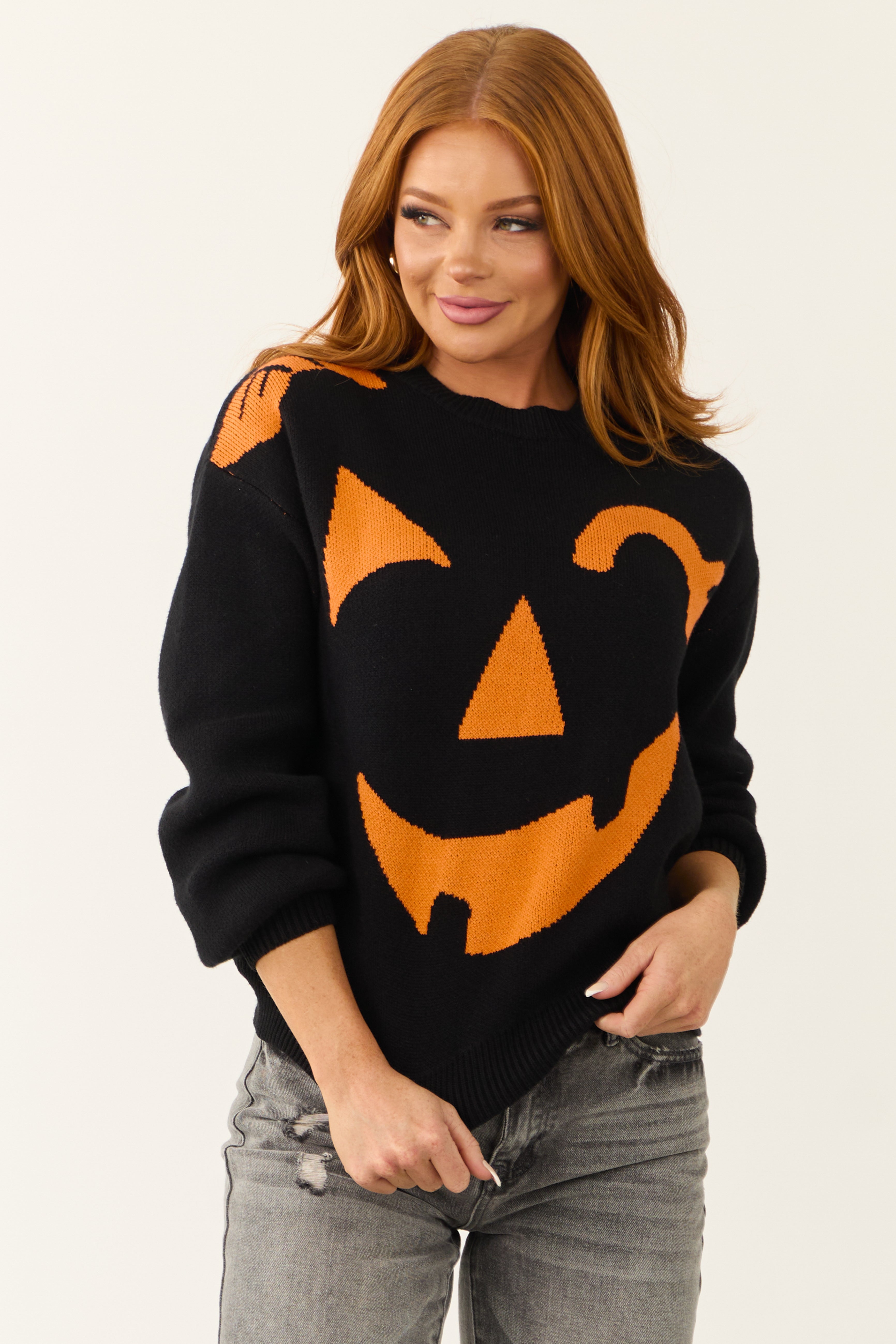 Black Jack-O-Lantern Graphic Soft Knit Sweater | Lime Lush Boutique