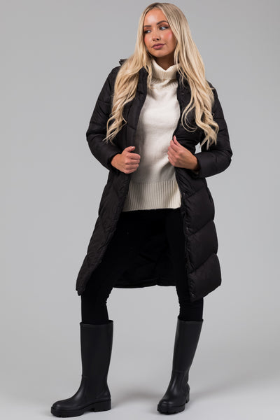 Black Knee Length Belt Hooded Puffer Coat