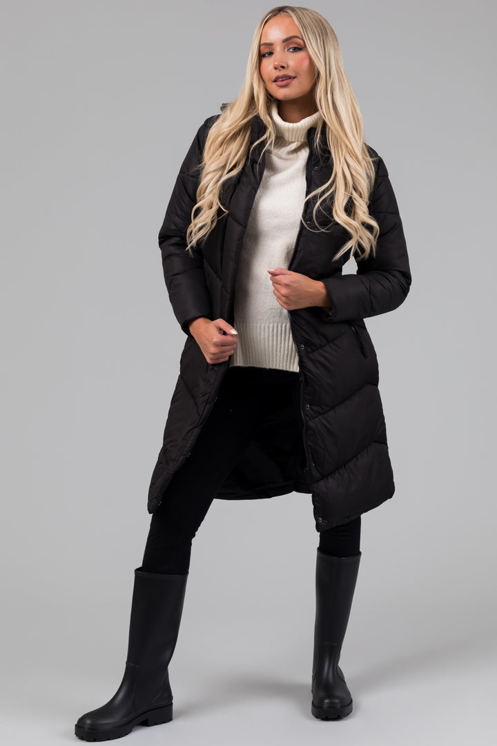 Black Knee Length Belt Hooded Puffer Coat