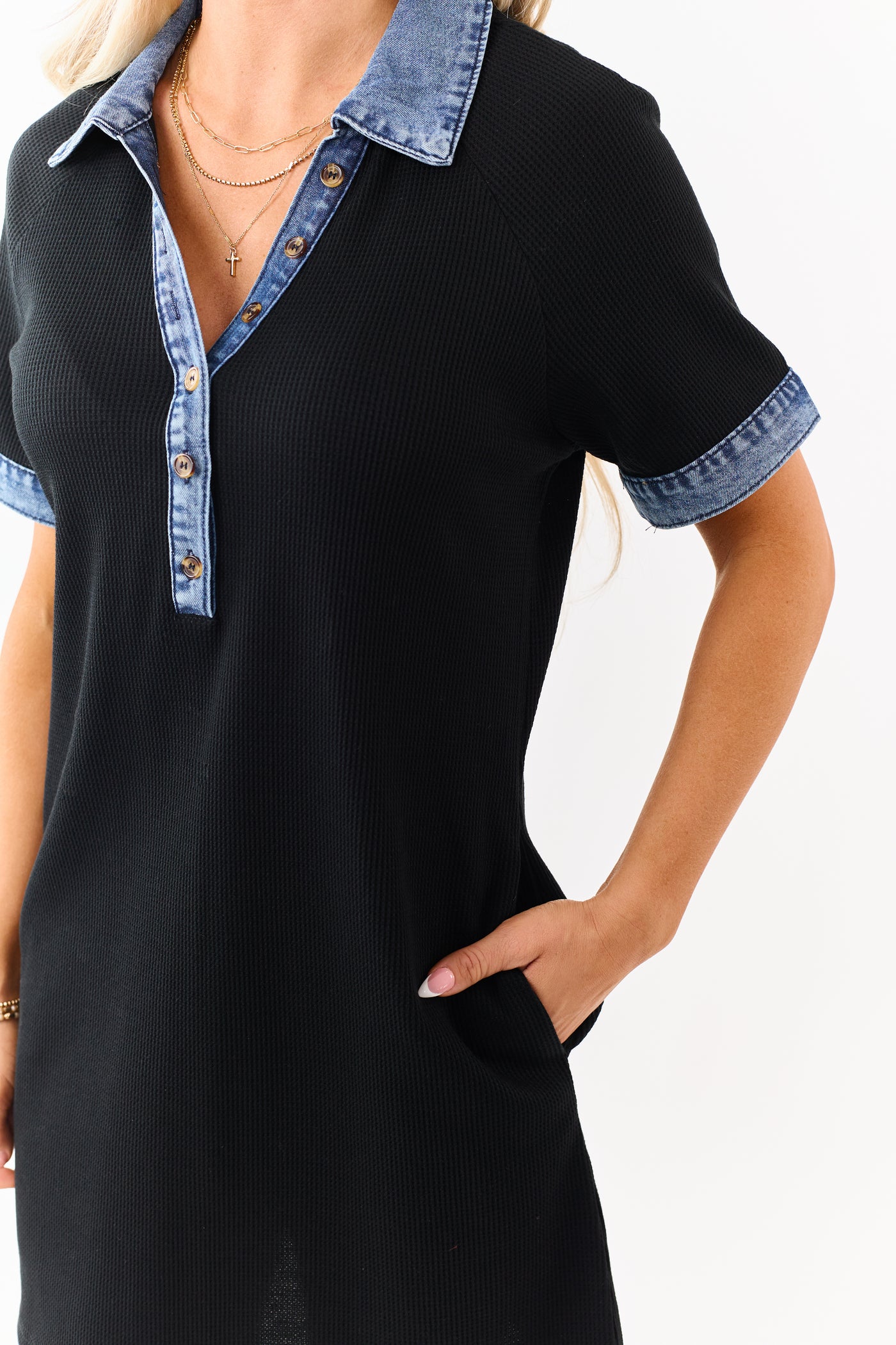 Black Knit Contrast Denim Trim Polo Style Mini Dress