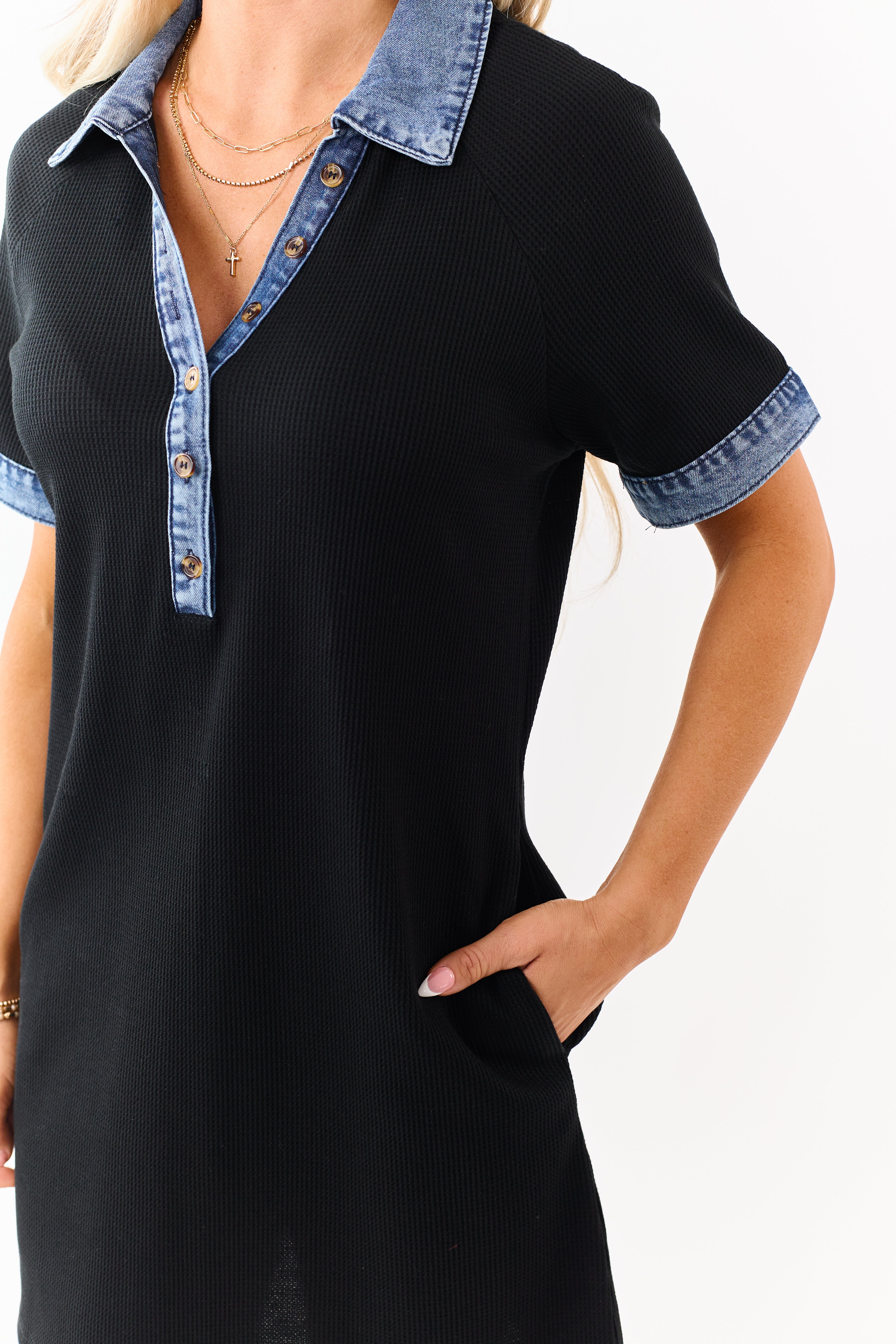 Black Knit Contrast Denim Trim Polo Style Mini Dress
