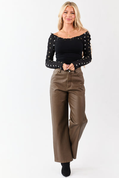 Black Knit Floral Long Sleeve Cropped Top