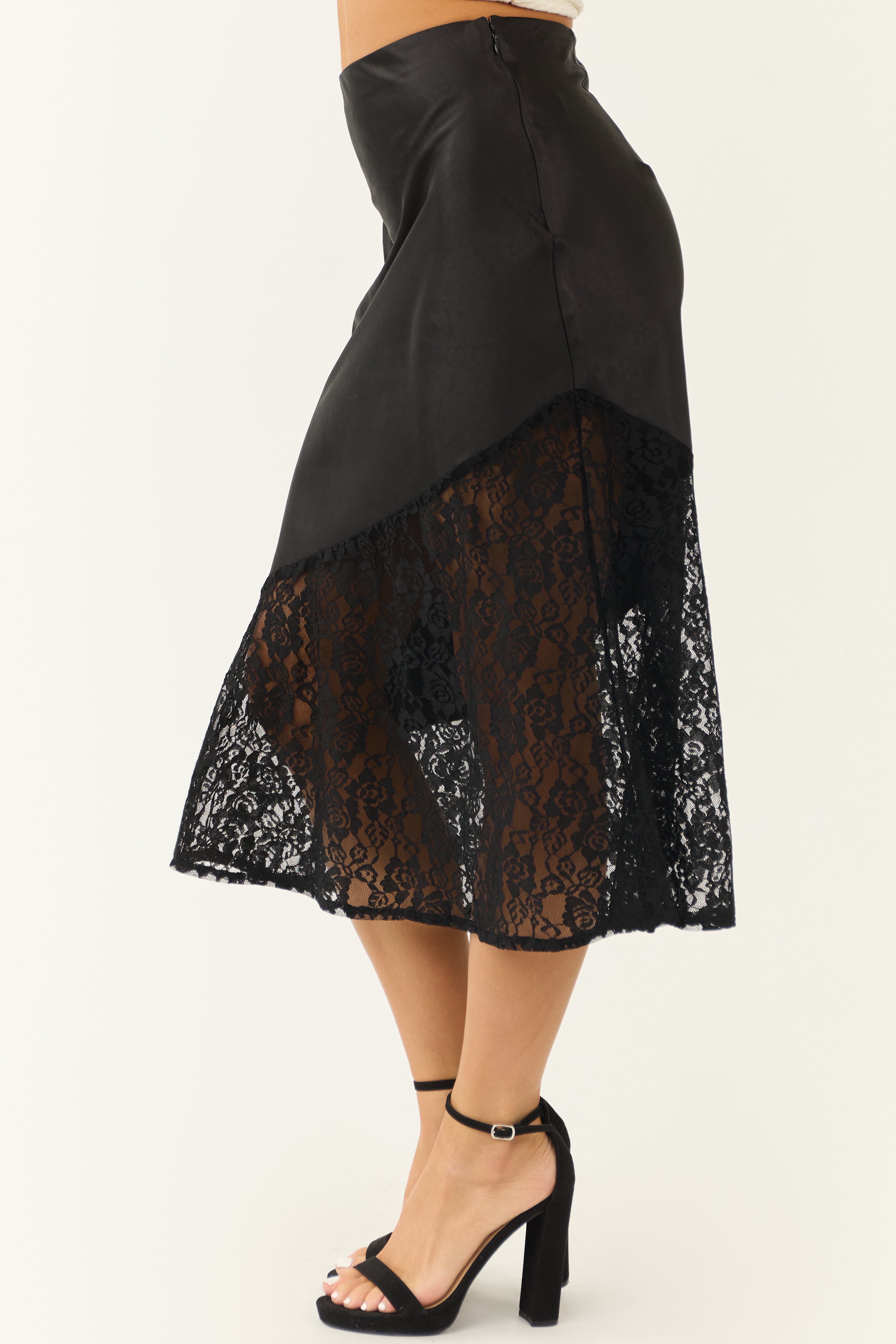 Black Lace Bottom Asymmetrical Midi Skirt | Lime Lush Boutique