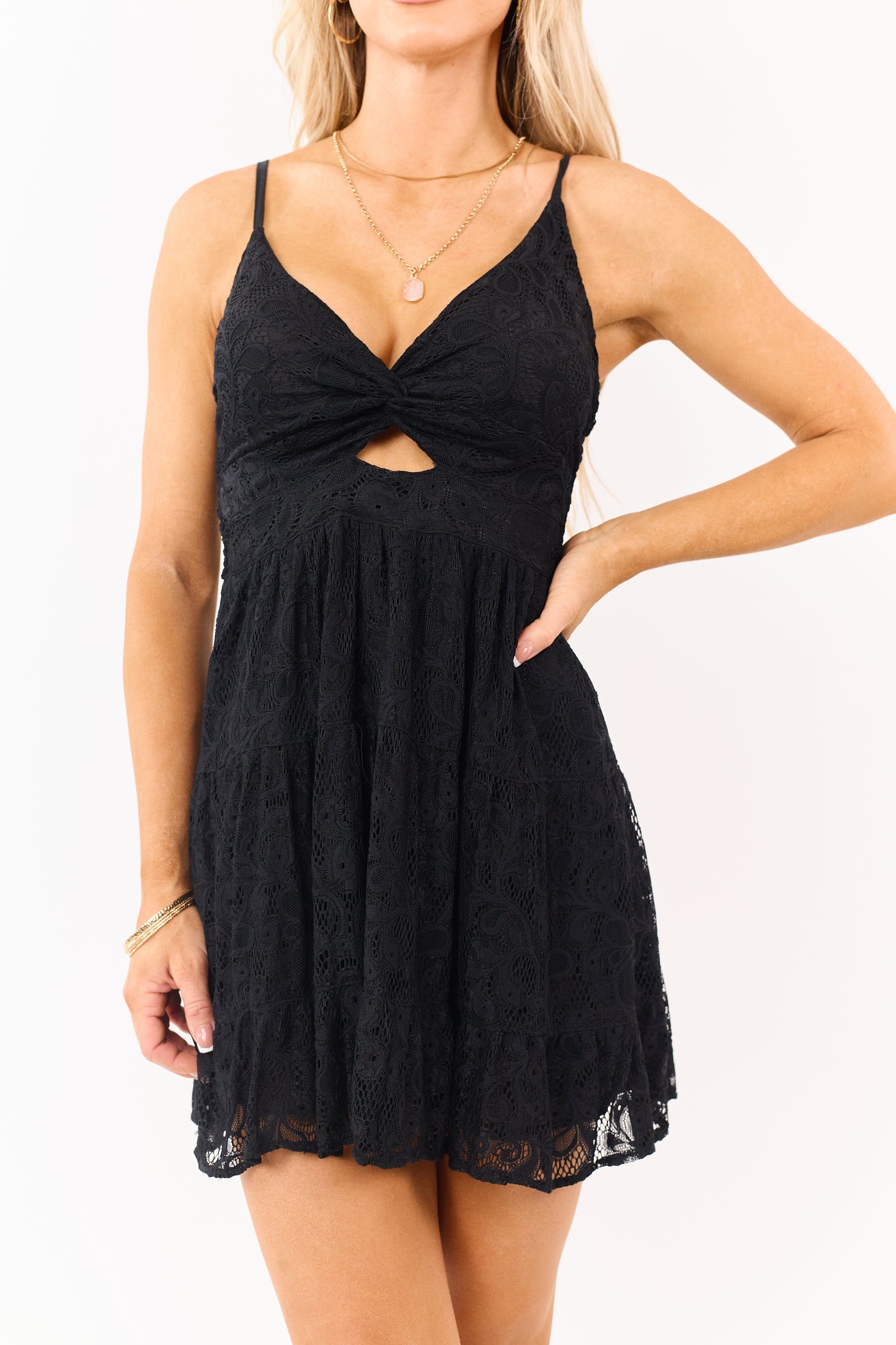 Black Lace Front Twist Cut Out Sleeveless Mini Dress Black Lace Front Twist Cut Out Sleeveless Mini Dress