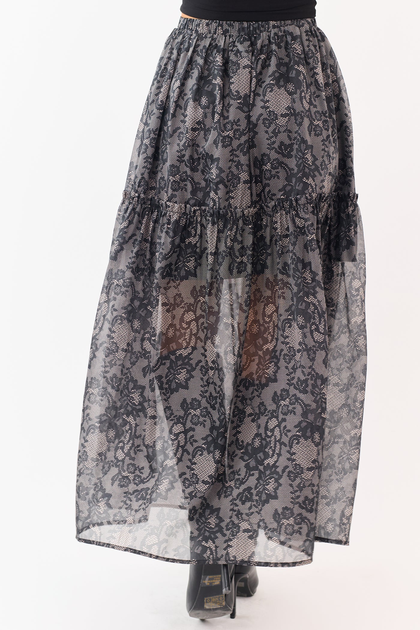 Black Lace Print Organza Tiered Frill Midi Skirt