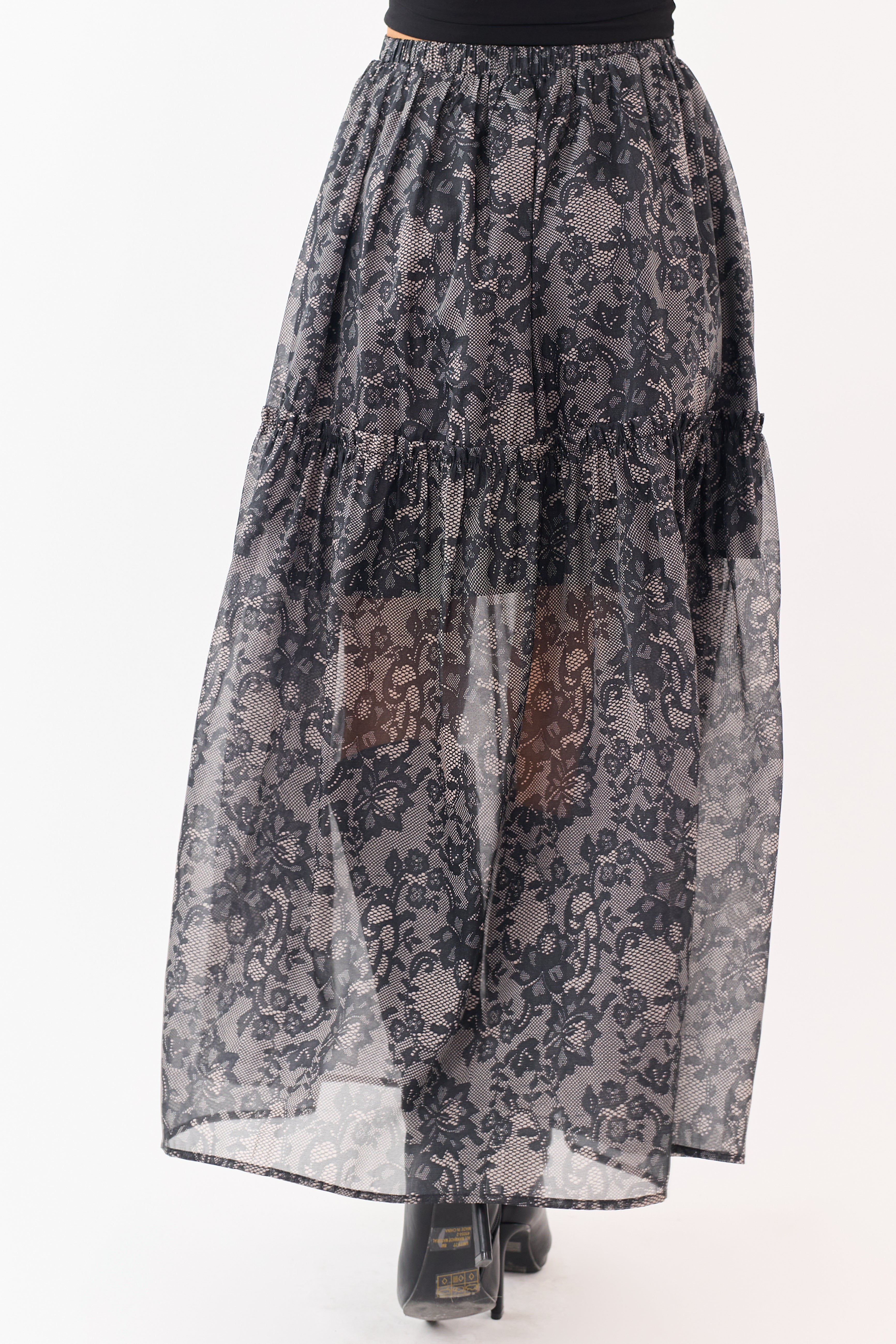 Black Lace Print Organza Tiered Frill Midi Skirt