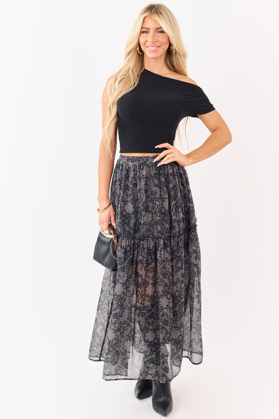 Black Lace Print Organza Tiered Frill Midi Skirt