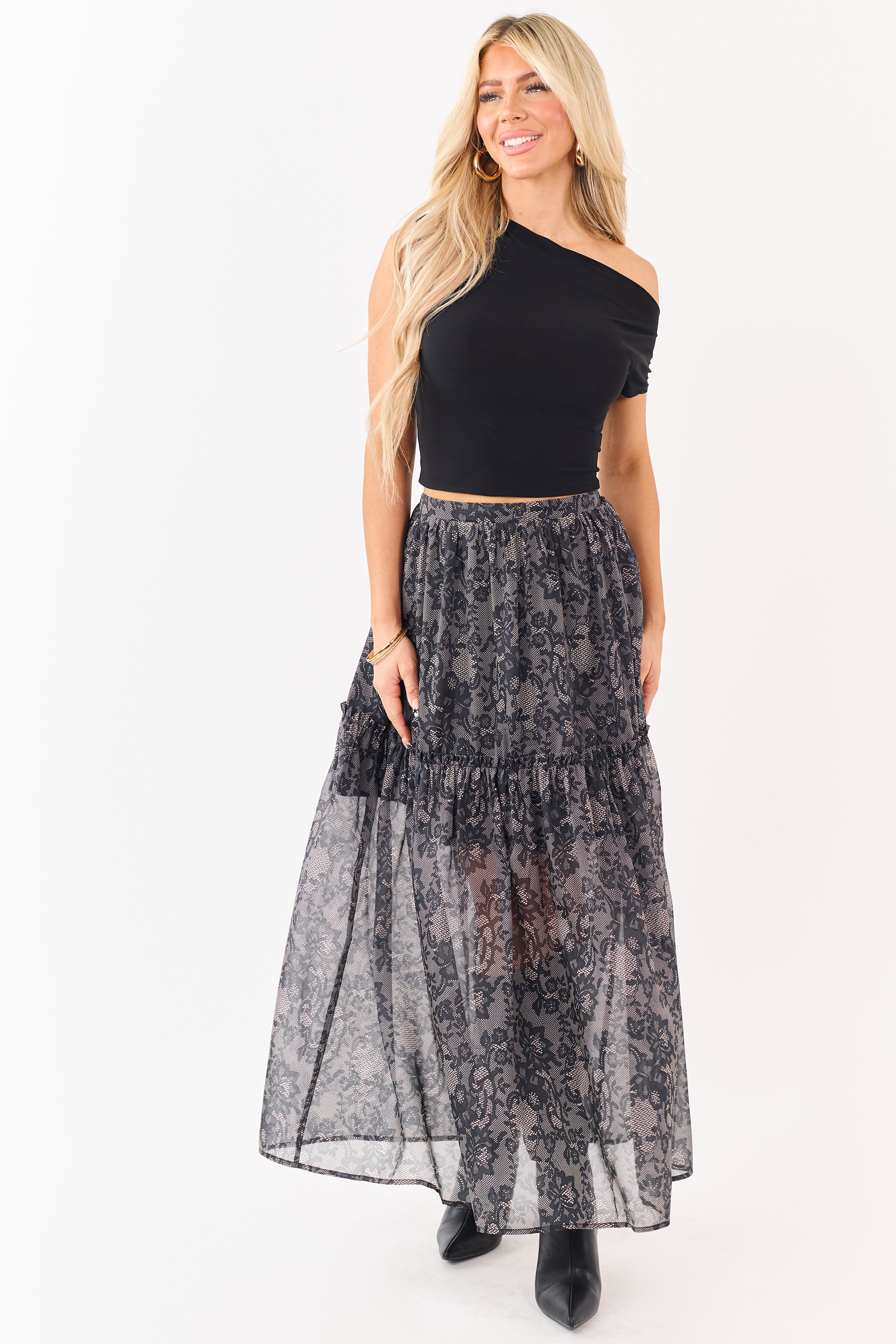 Black Lace Print Organza Tiered Frill Midi Skirt