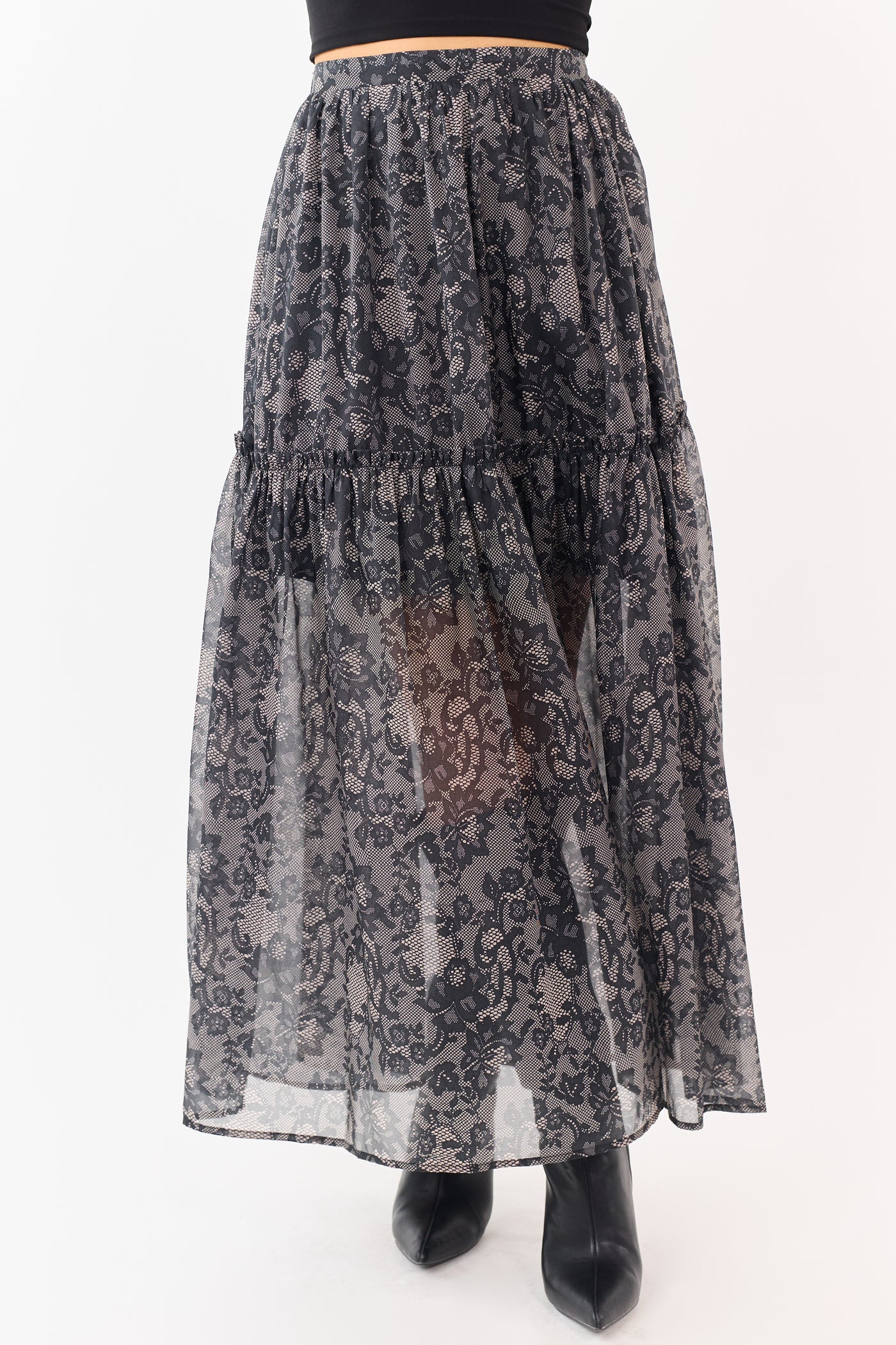 Black Lace Print Organza Tiered Frill Midi Skirt