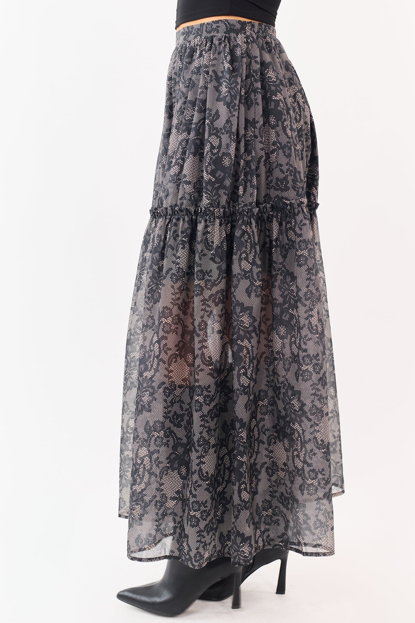 Black Lace Print Organza Tiered Frill Midi Skirt