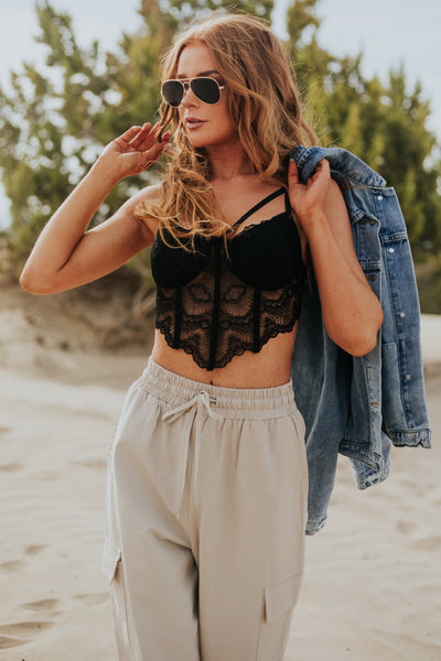 Black Lace Strappy Neckline Corset Bralette