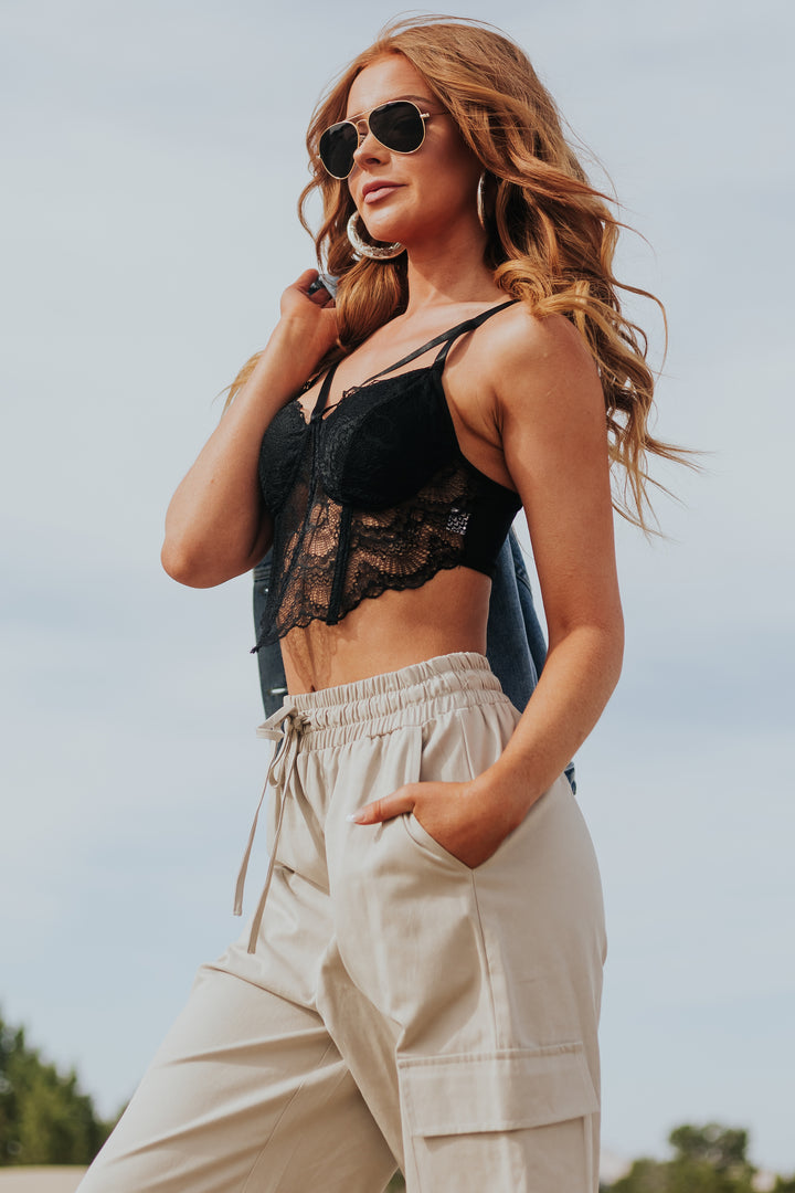 Black Lace Strappy Neckline Corset Bralette