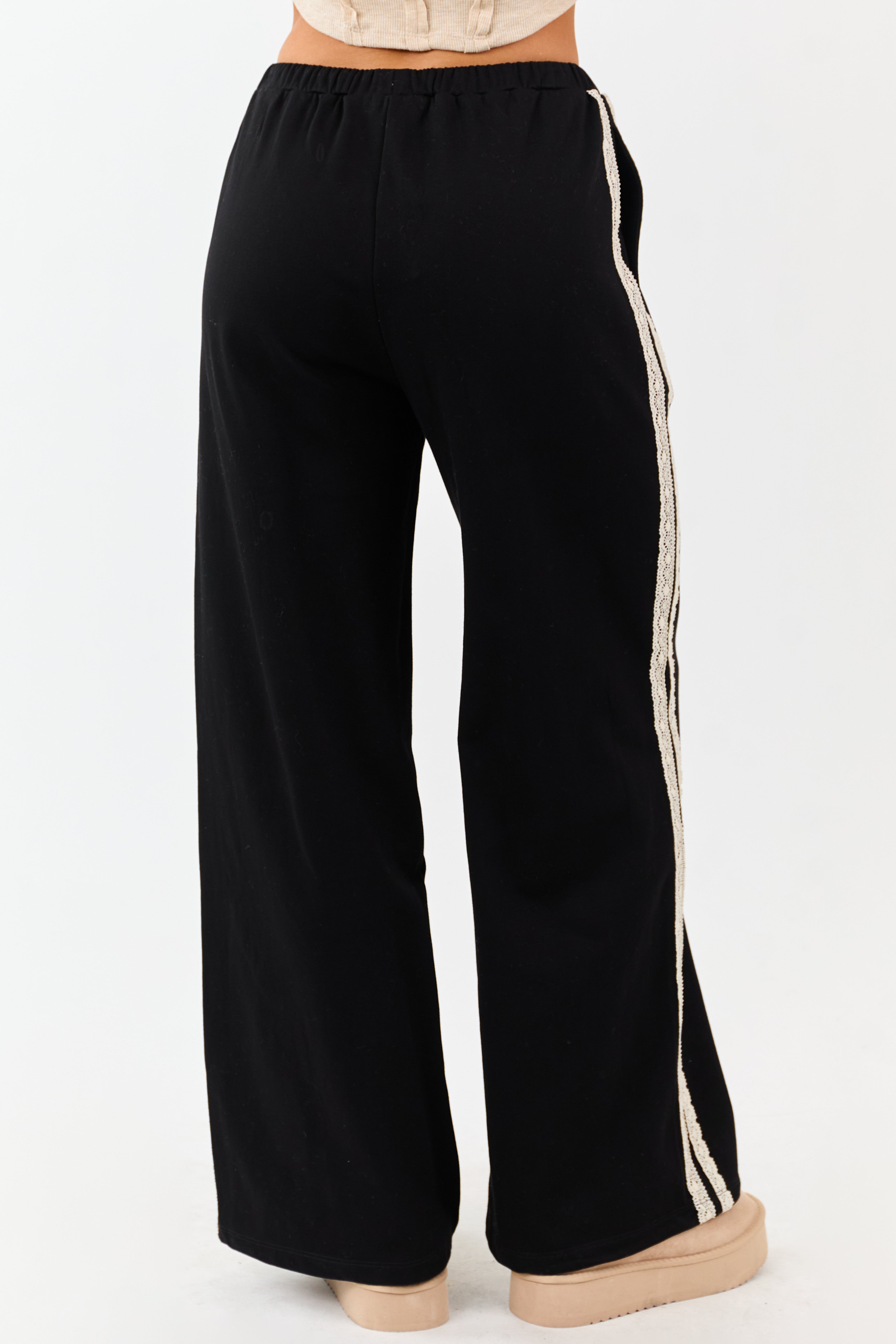 Black Lace Striped Wide Leg Drawstring Pants