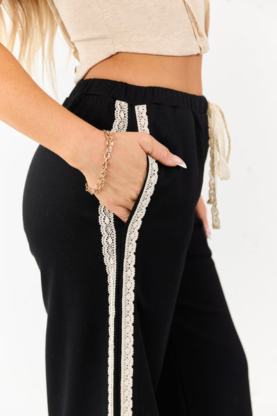 Black Lace Striped Wide Leg Drawstring Pants