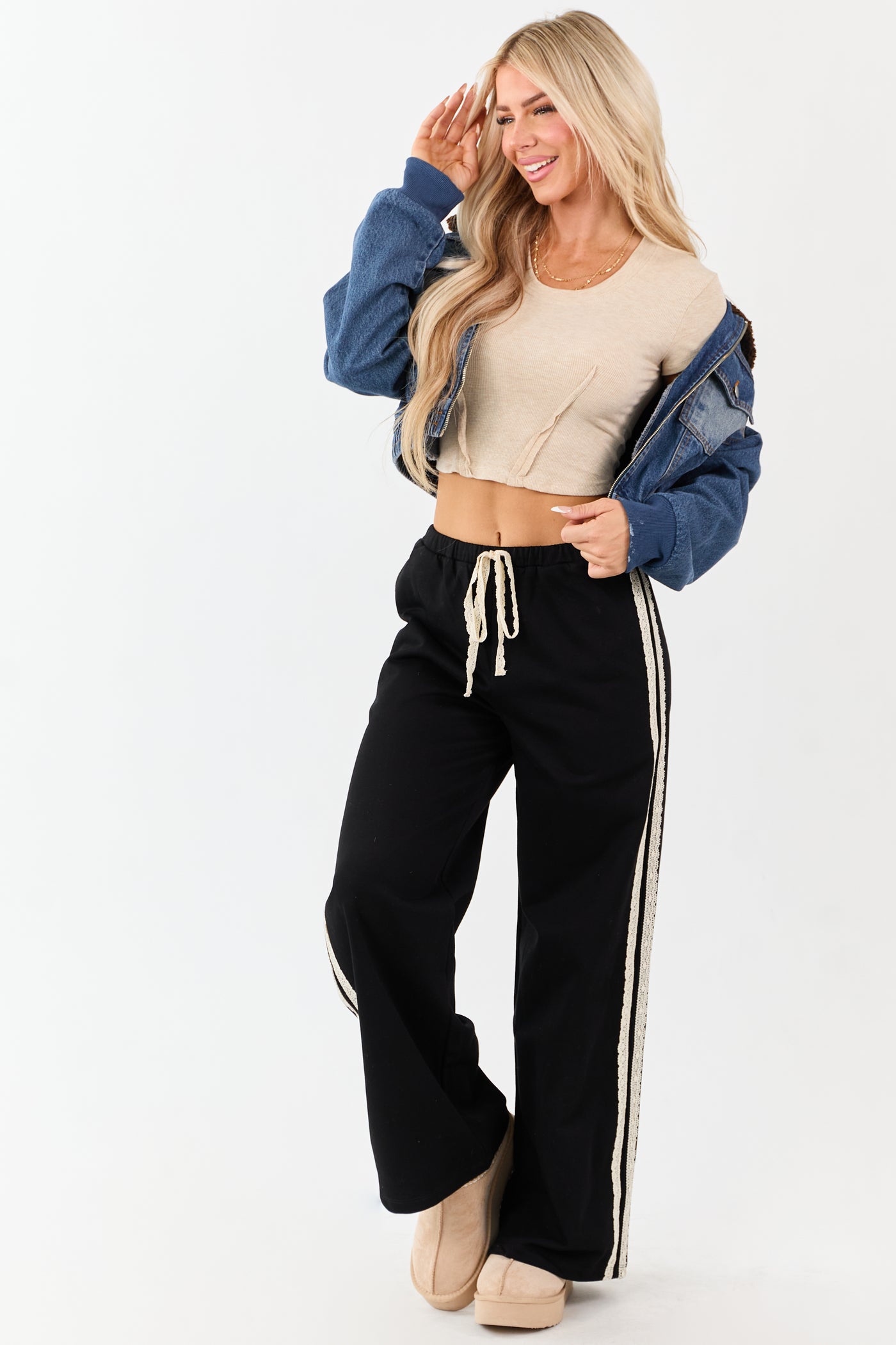 Black Lace Striped Wide Leg Drawstring Pants