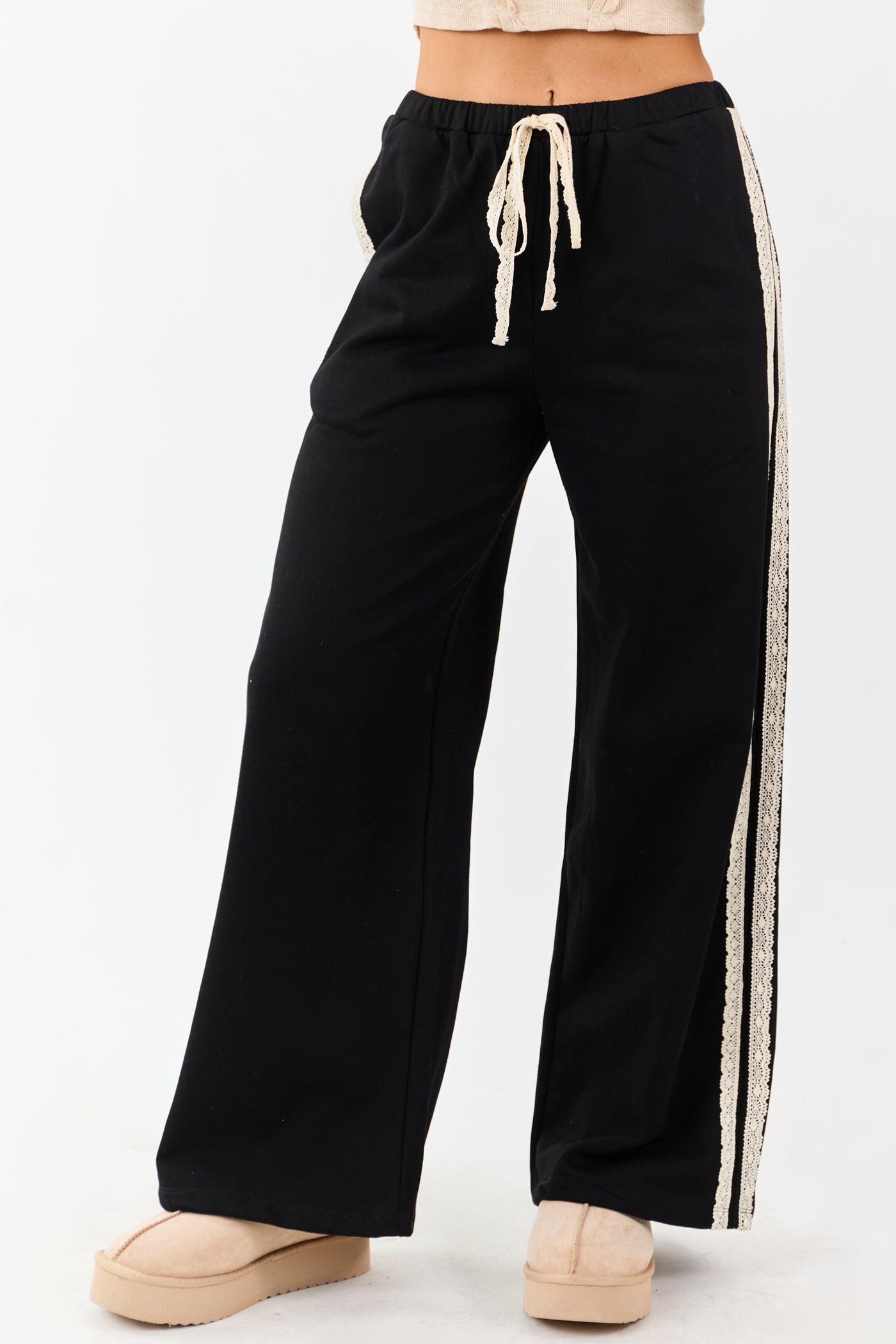 Black Lace Striped Wide Leg Drawstring Pants