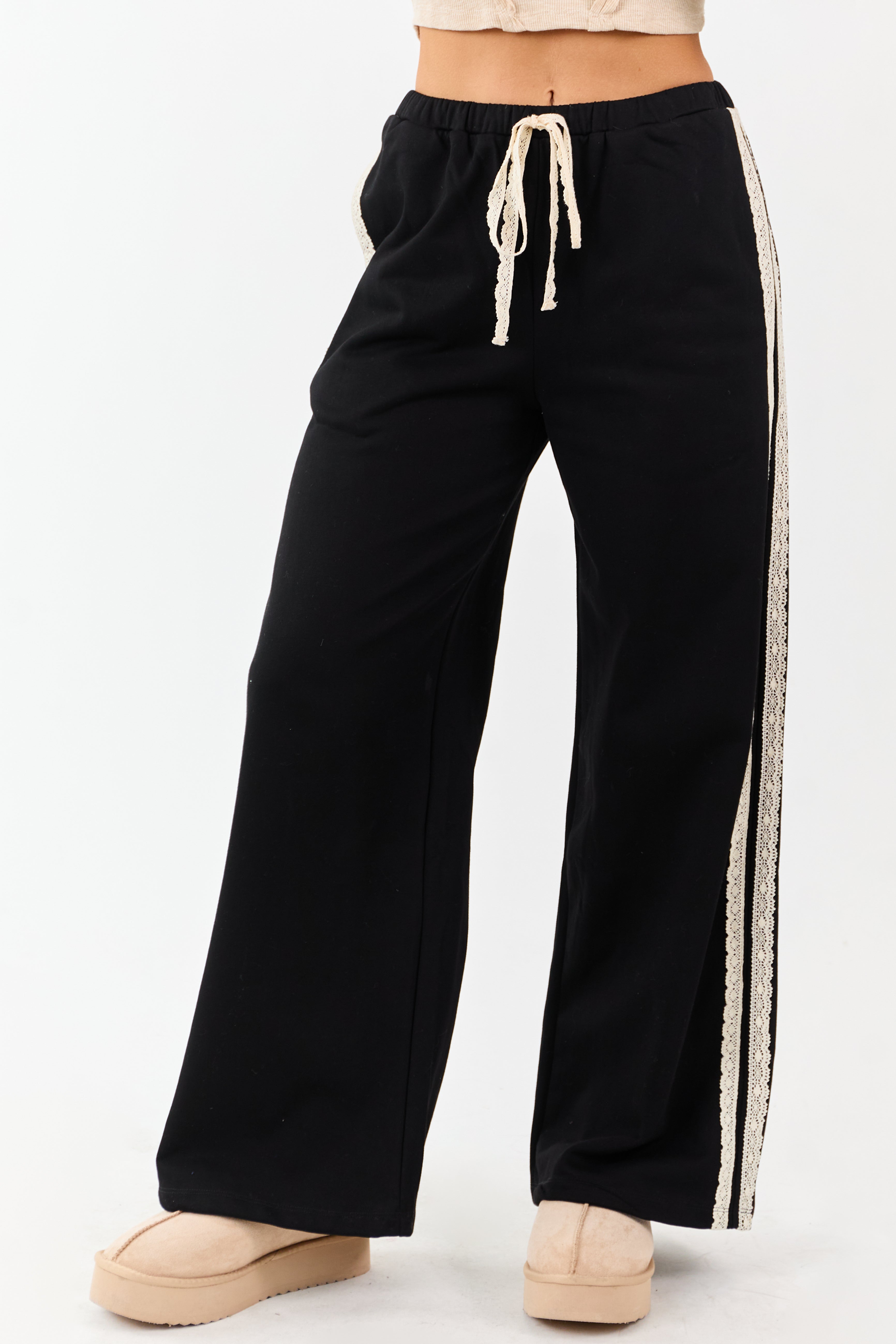 Black Lace Striped Wide Leg Drawstring Pants