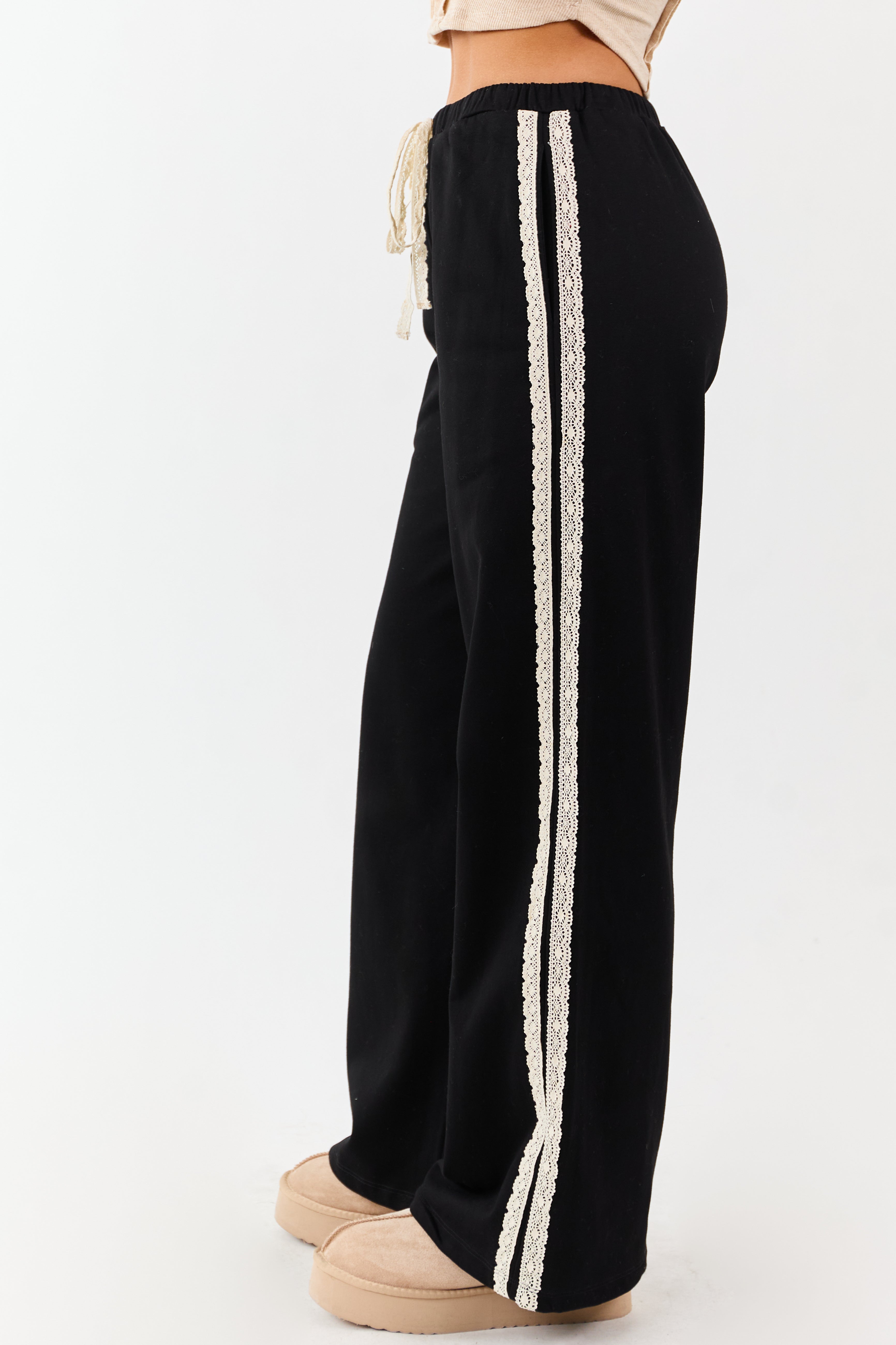 Black Lace Striped Wide Leg Drawstring Pants