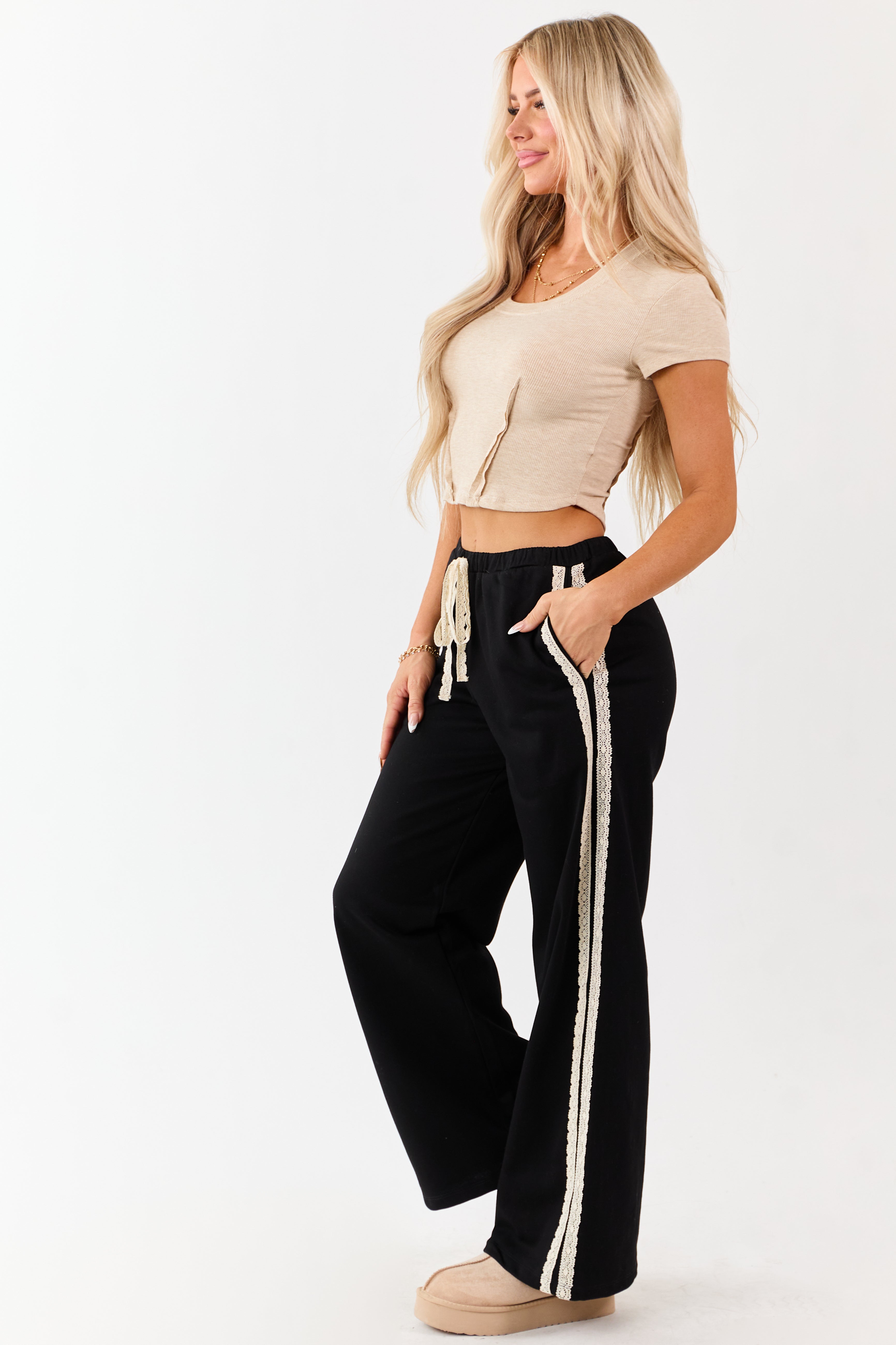 Black Lace Striped Wide Leg Drawstring Pants