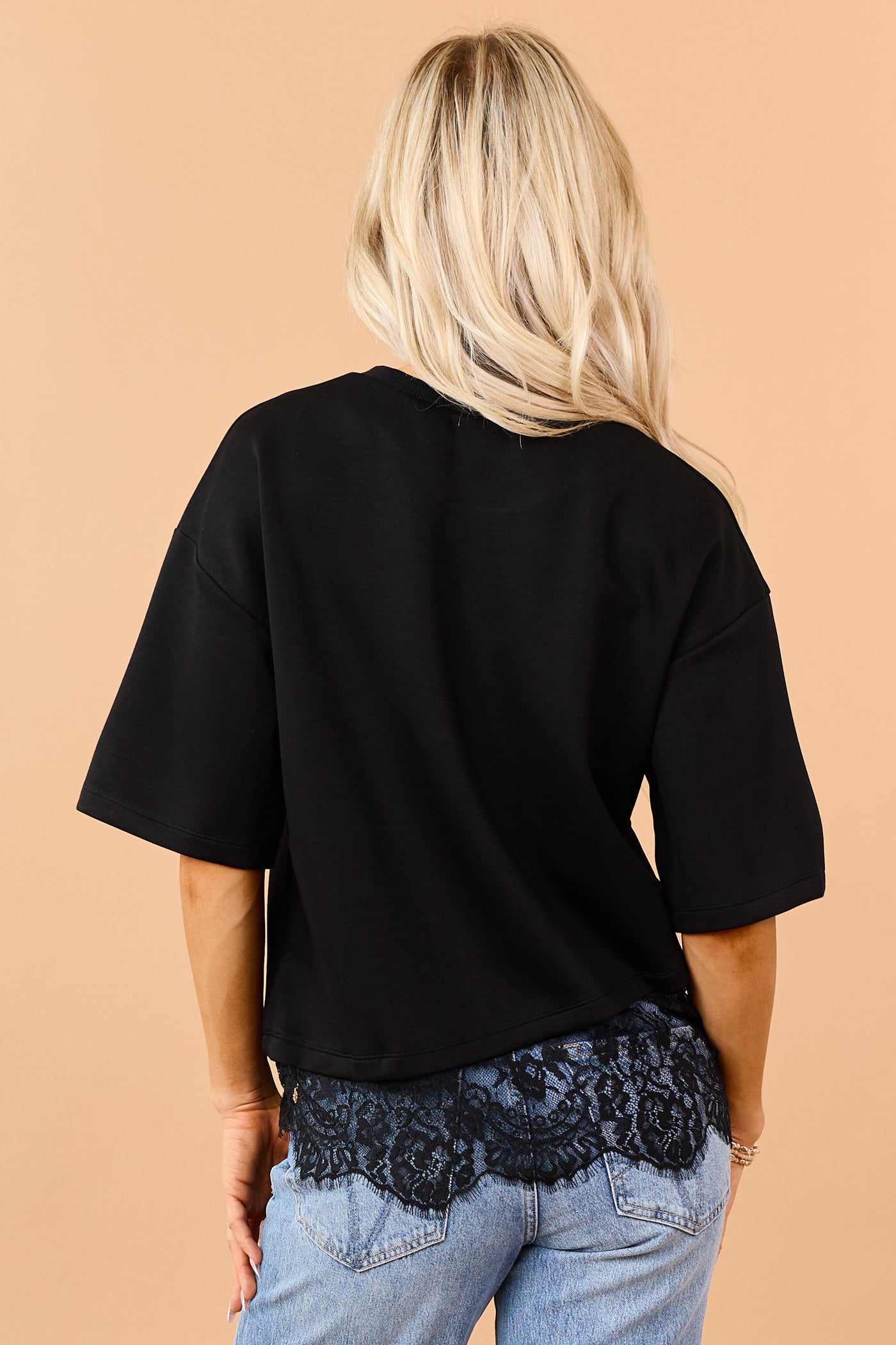 Black Lace Trim Asymmetrical Short Sleeve Top