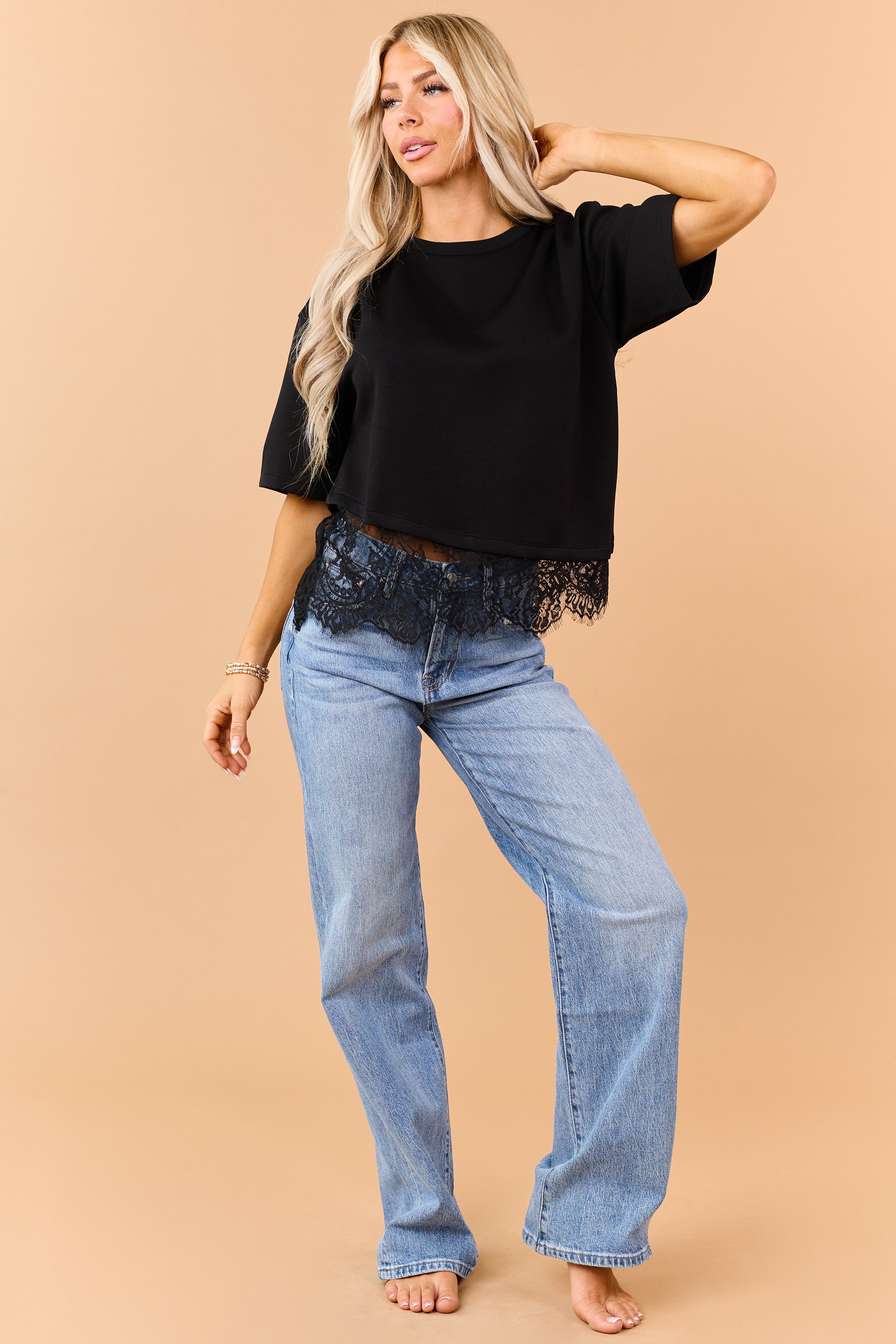 Black Lace Trim Asymmetrical Short Sleeve Top