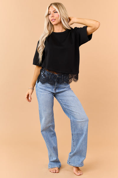 Black Lace Trim Asymmetrical Short Sleeve Top