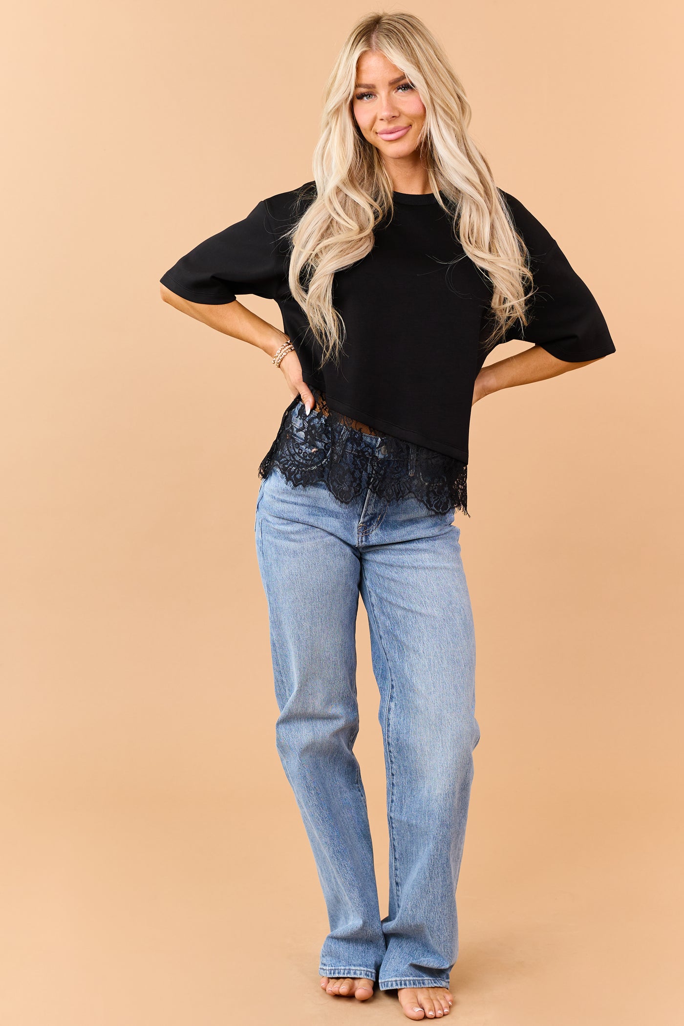 Black Lace Trim Asymmetrical Short Sleeve Top