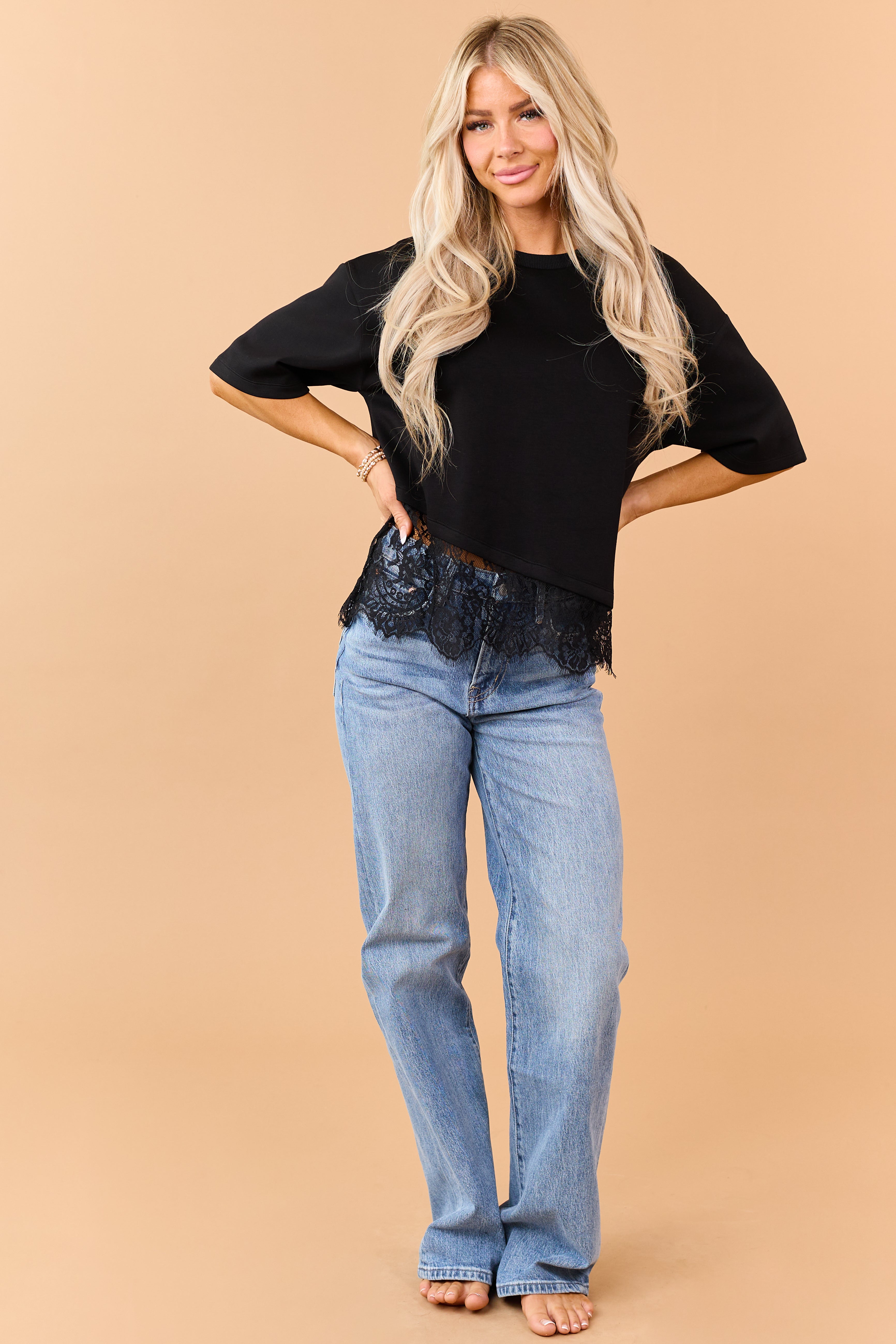 Black Lace Trim Asymmetrical Short Sleeve Top