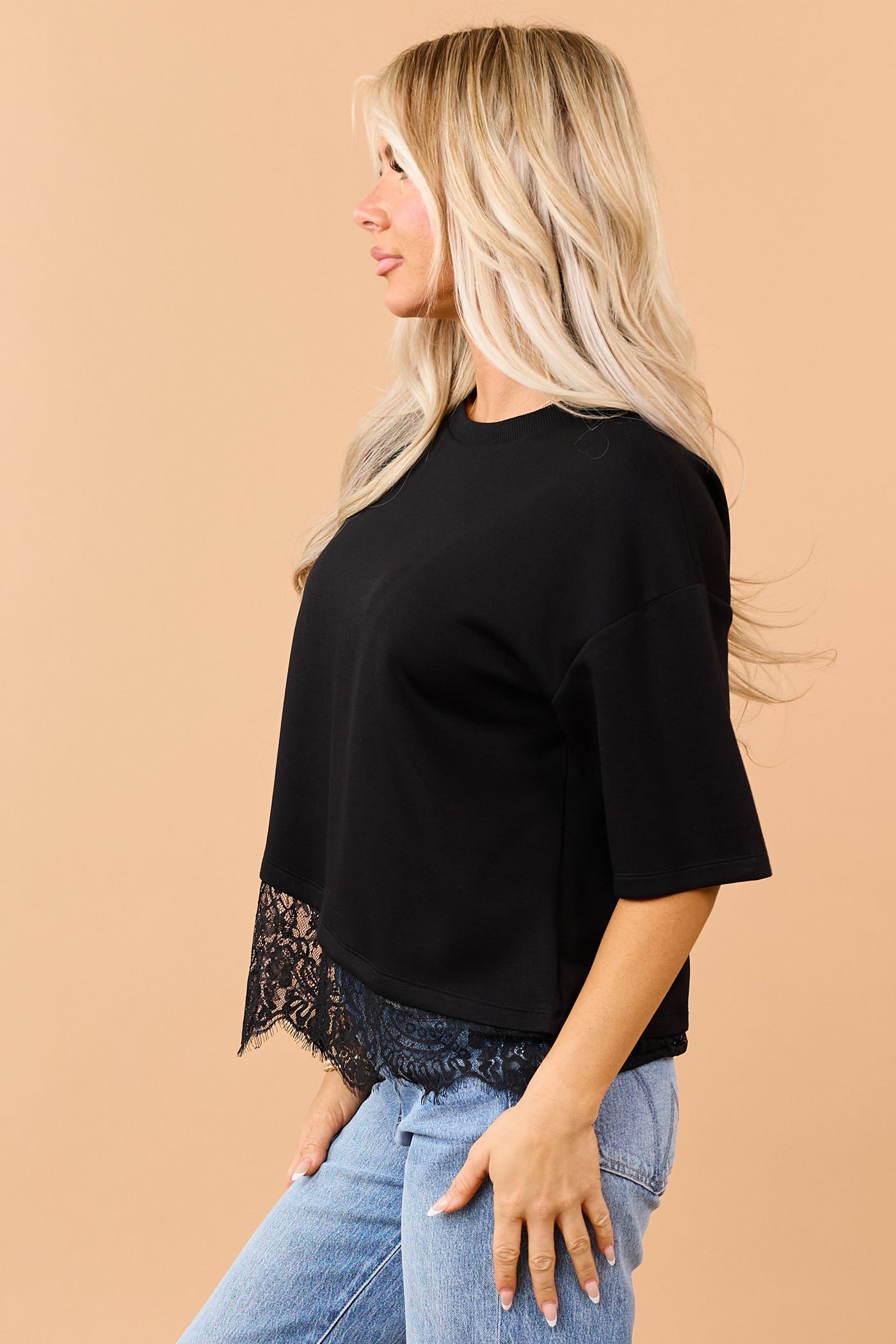 Black Lace Trim Asymmetrical Short Sleeve Top