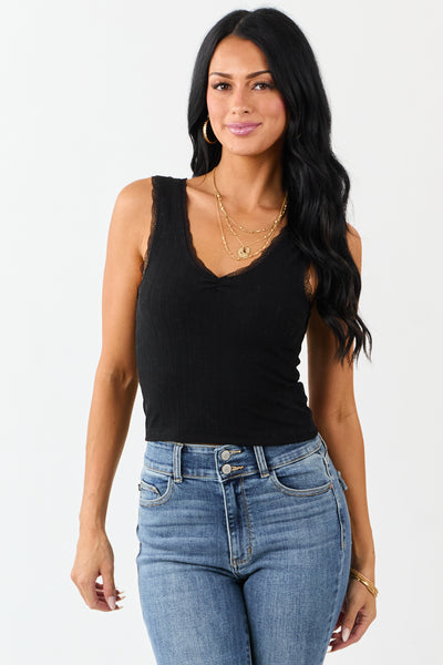 Black Lace Trim Cropped Rib Knit Tank Top | Lime Lush Boutique