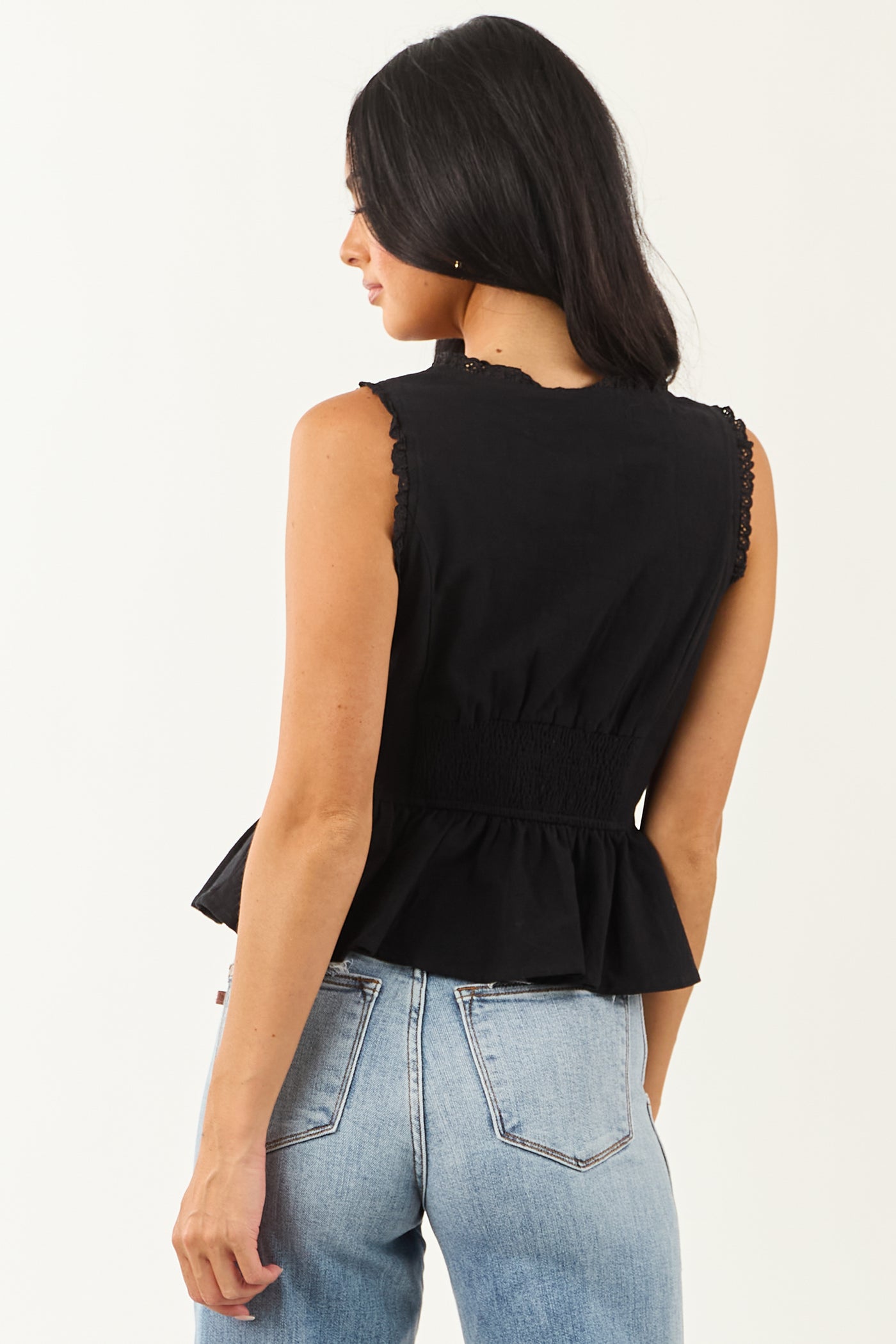 Black Lace Trim Ruffle Cotton Tank Top