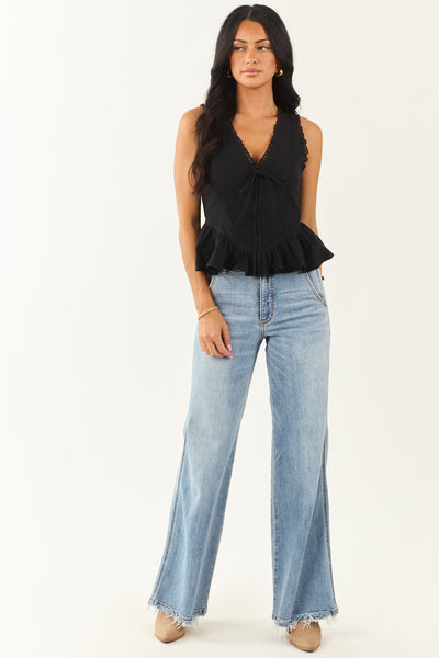 Black Lace Trim Ruffle Cotton Tank Top