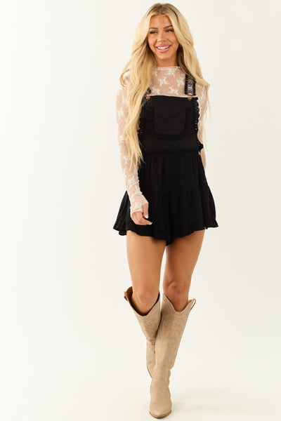 Black Lace Trim Tiered Cotton Overalls Romper