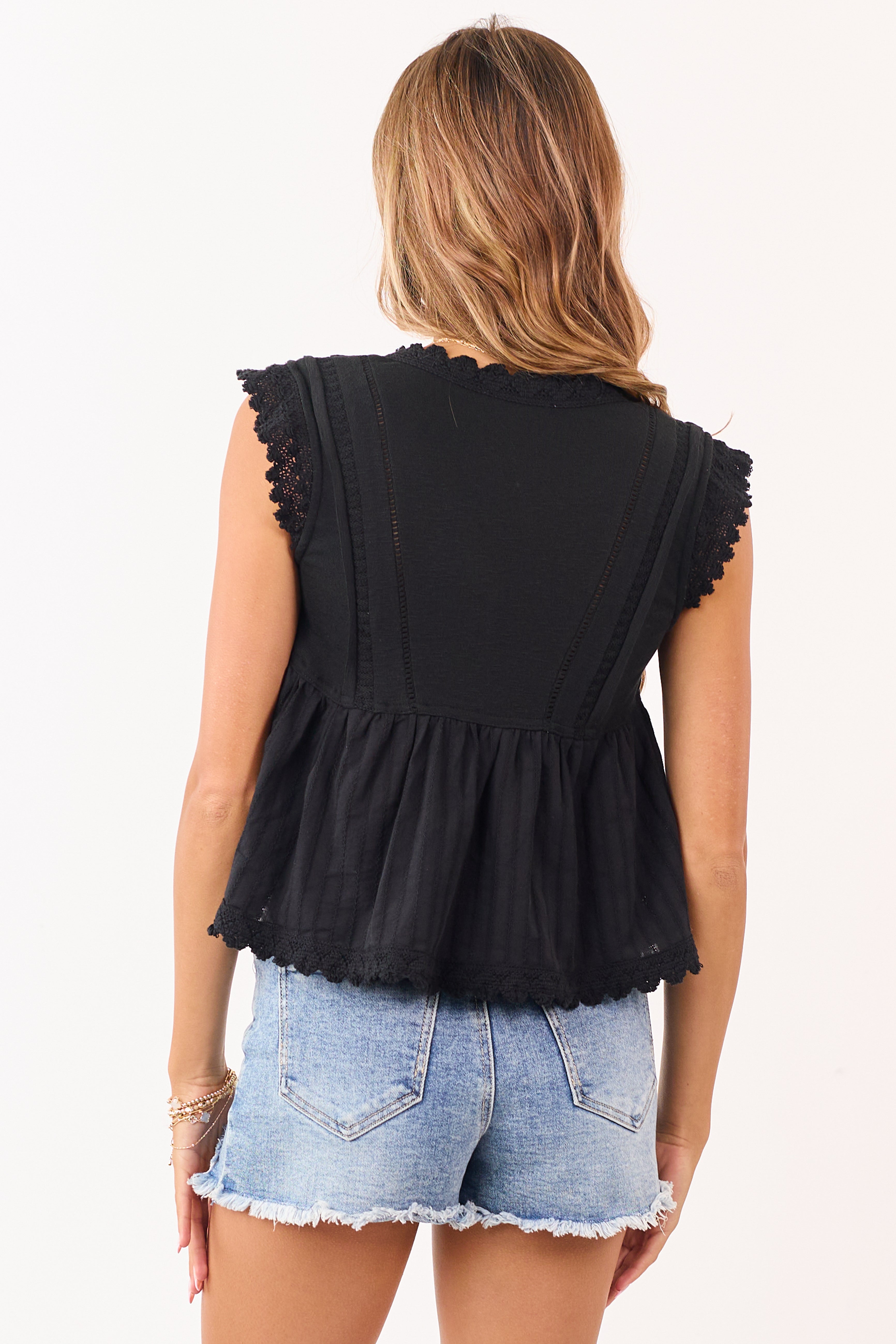 Black Lace Trim V-Neck Peplum Cap Sleeve Top