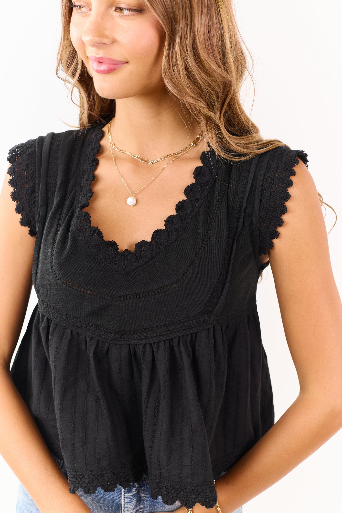 Black Lace Trim V-Neck Peplum Cap Sleeve Top