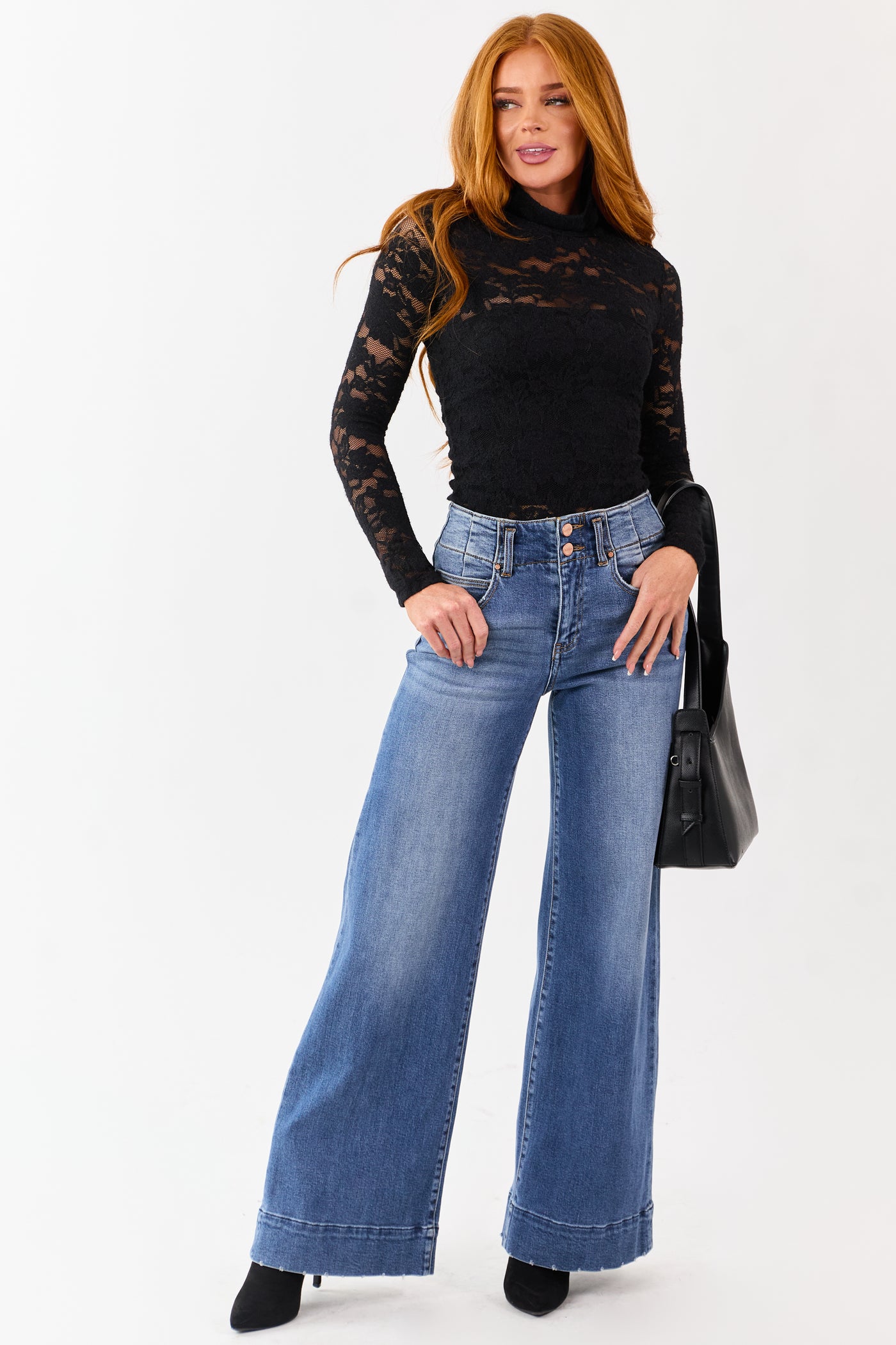 Black Lace Turtleneck Long Sleeve Top