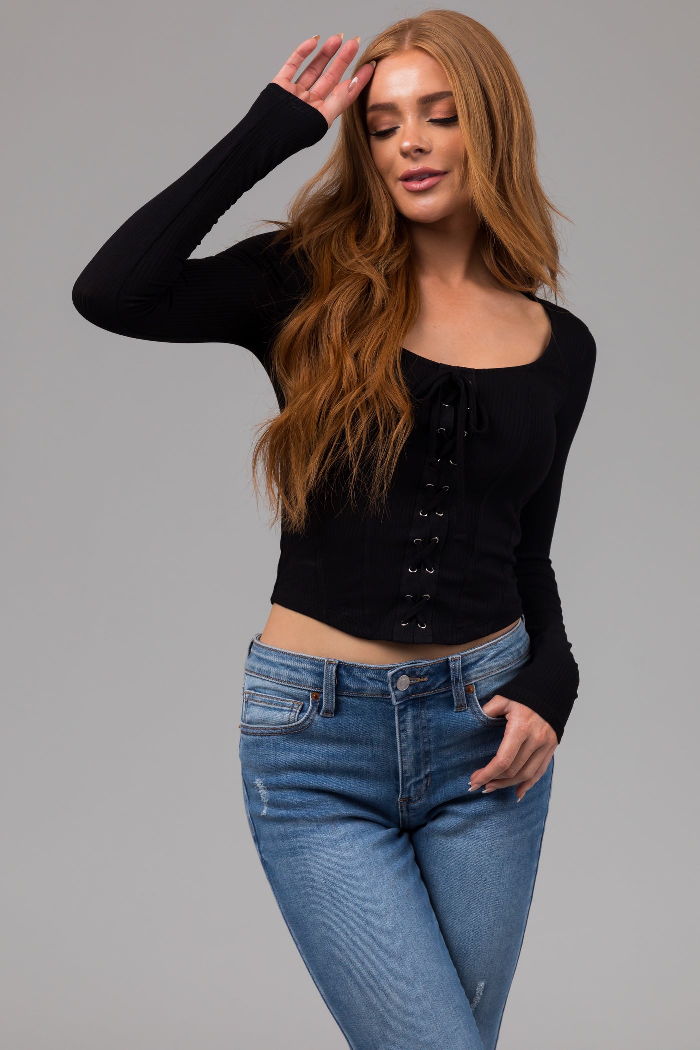 Black Lace Up Ribbed Knit Corset Top