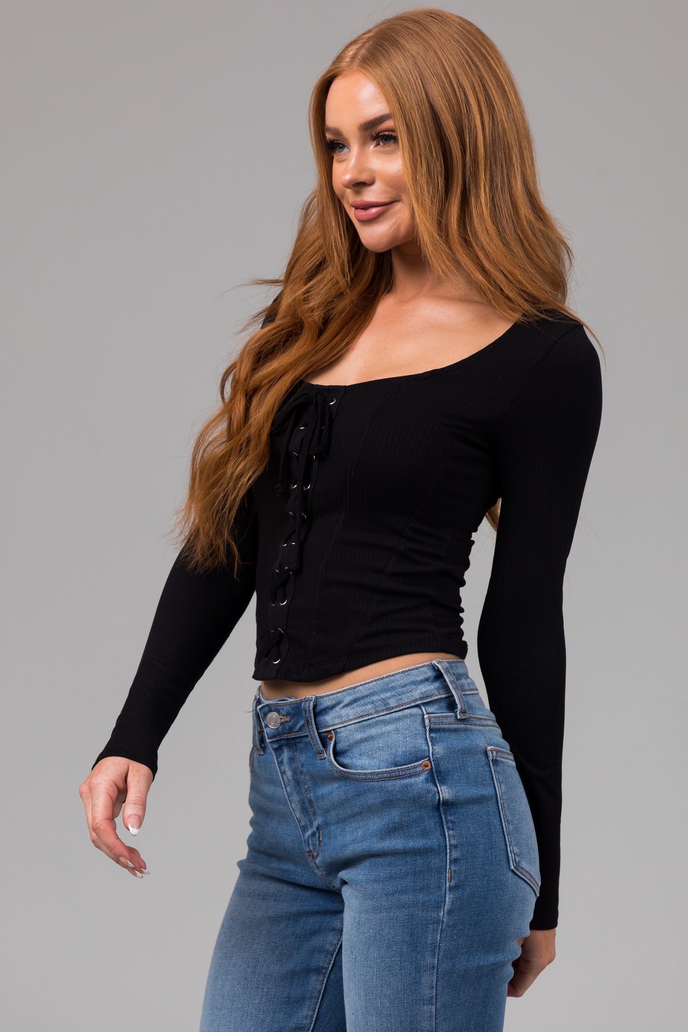 Black Lace Up Ribbed Knit Corset Top
