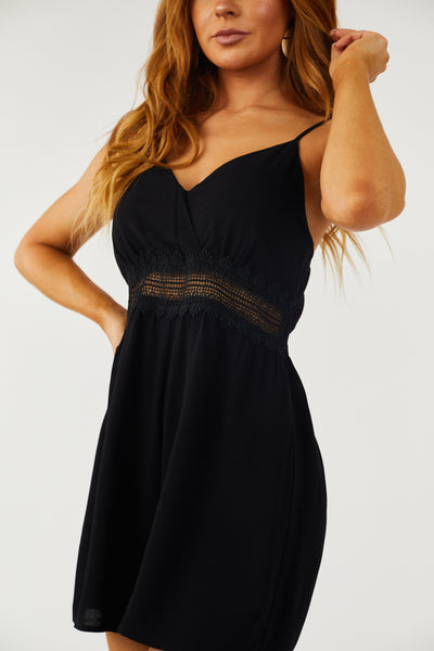 Black Lace Waist Sleeveless V Neck Romper