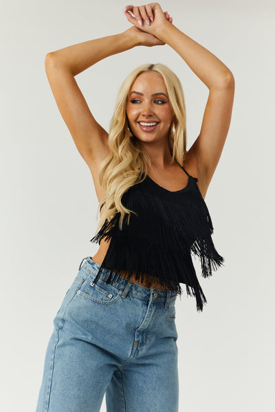 Black Layered Fringe Halter Neck Top
