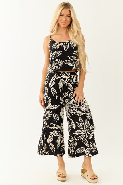 Black Leaf Print Cami Top and Wide Leg Pant Set